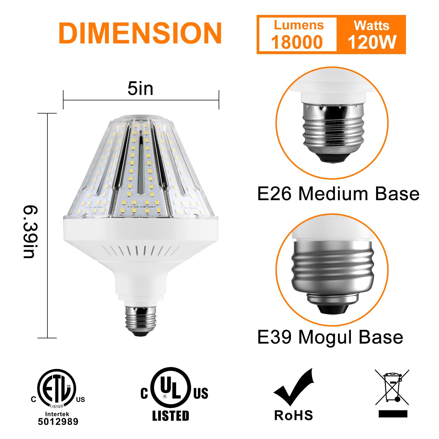1200W Equivalent Led Corn Light Bulbs,18000 Lumen Led Corn Bulb 120W 5000K Daylight White Lamp,E26/E39 Medium Mogul Base,2-Pack