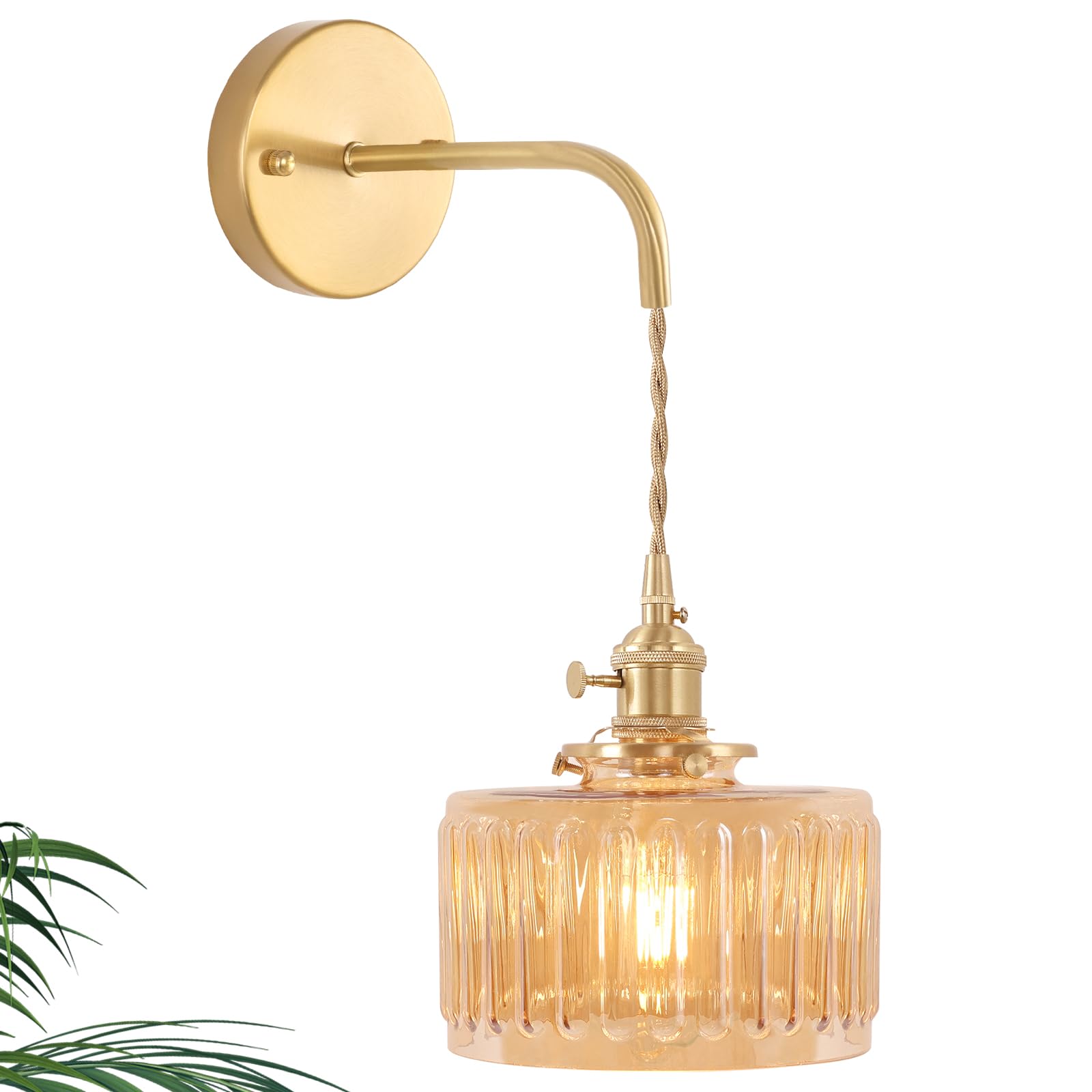 Shenmoyl Vintage Wall Sconce Lamp - Amber Striped Glass, Brass, Hardwired, Model 1-944, Retro Gold Finish, Adjustable Chain