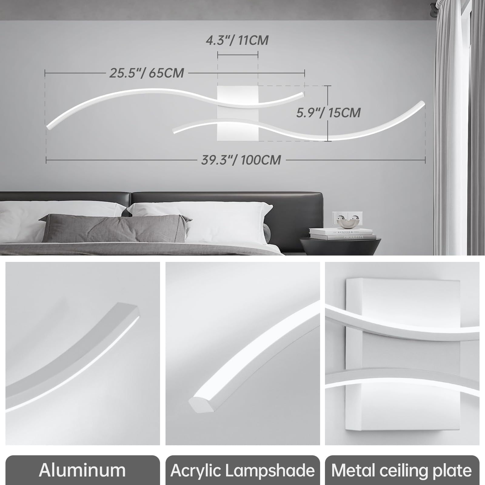 CANEOE Modern Wall Sconce LED Light Fixture, 39in Aluminum Wave Design, Cool White 6000K, Indoor Lighting for Living Room, Bedroom, Bathroom