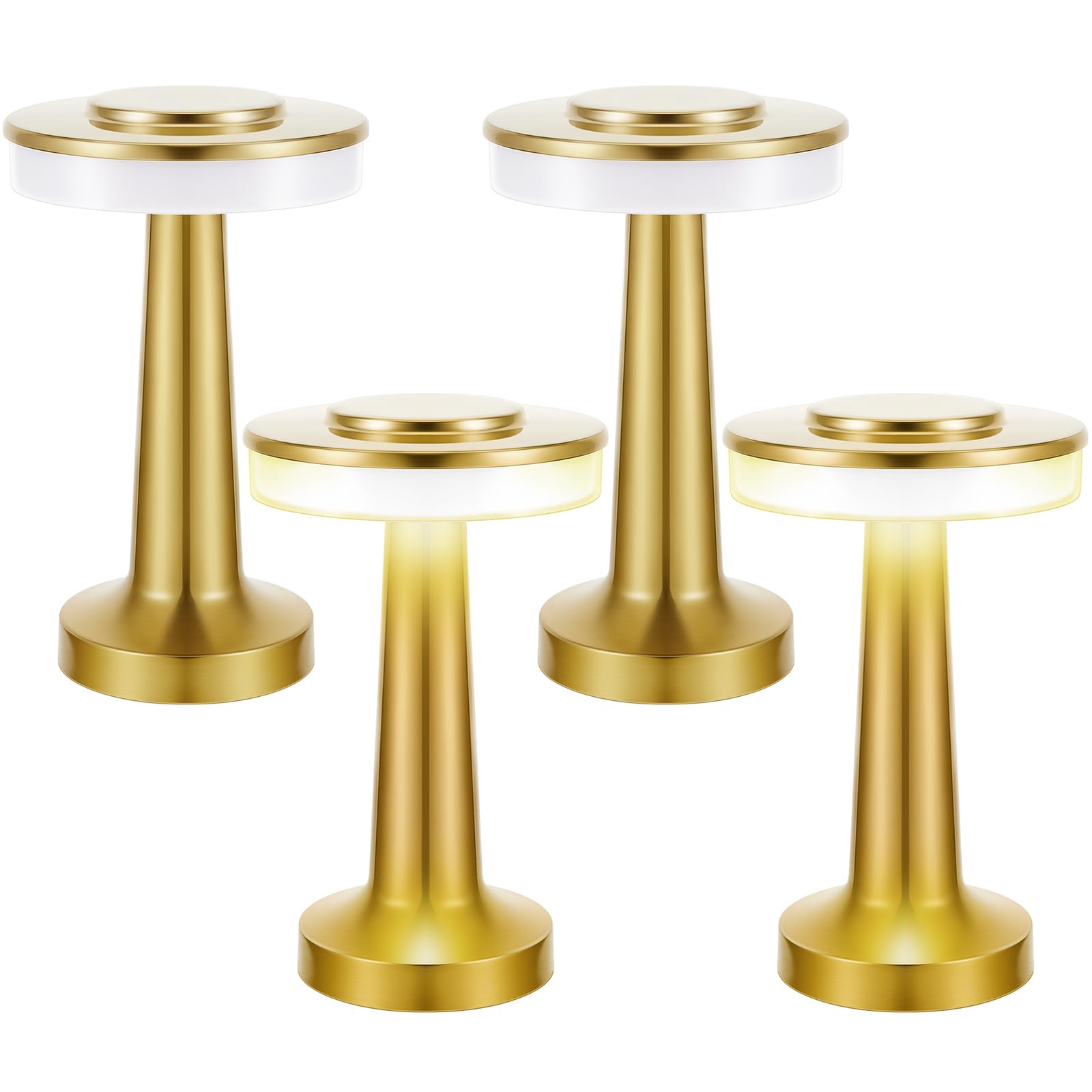 Riakrum Cordless Table Lamp - 4 Pcs Touch Sensor, 3 Color Dimming, Rechargeable Battery, Gold