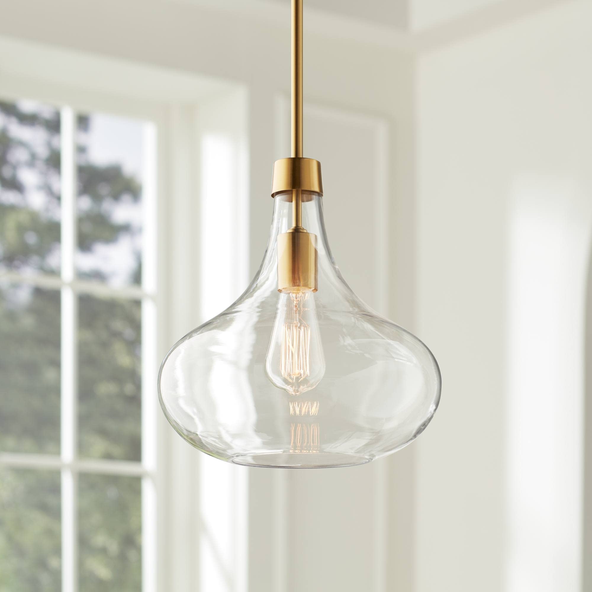 Possini Euro Design Pendant Light Fixture, Mini Gold, Antique Brass, Clear Glass Shade, 11in Wide x 11in High, Model 23N40