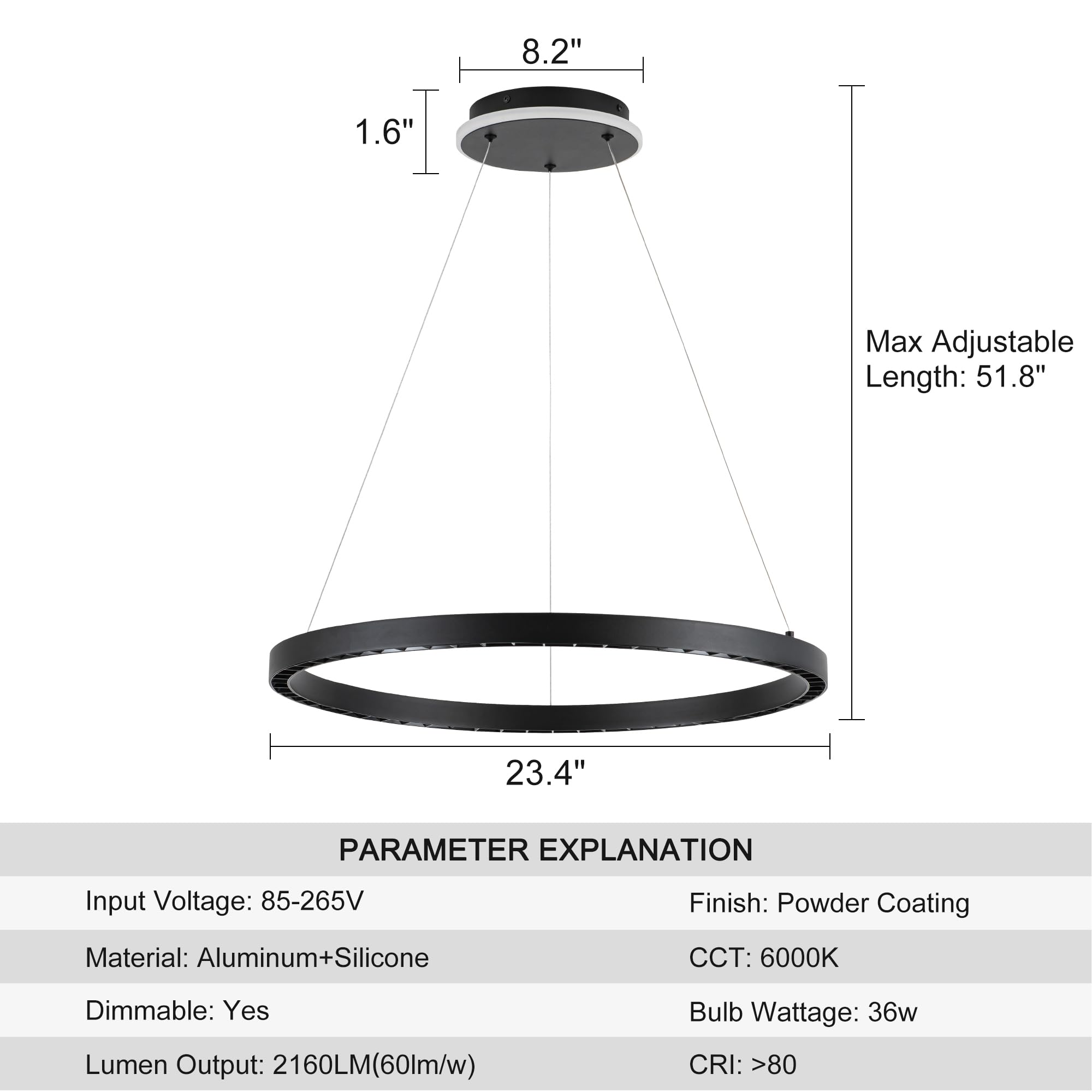 Sunmoo Black Modern Led Chandelier 1-Ring Circular Pendant Light 6000K 36W Dimmable Hanging Light Fixtures For Dining Room Kitch