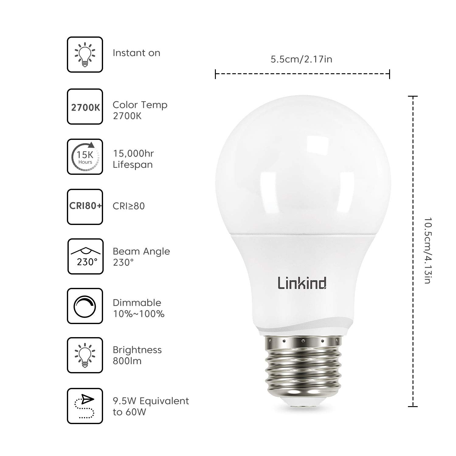 Linkind Dimmable A19 Led Light Bulbs, 60 Watt Equivalent, E26 Base, 2700K Soft White, 9.5W 800 Lumens 120V, Ul Listed Fcc Certif