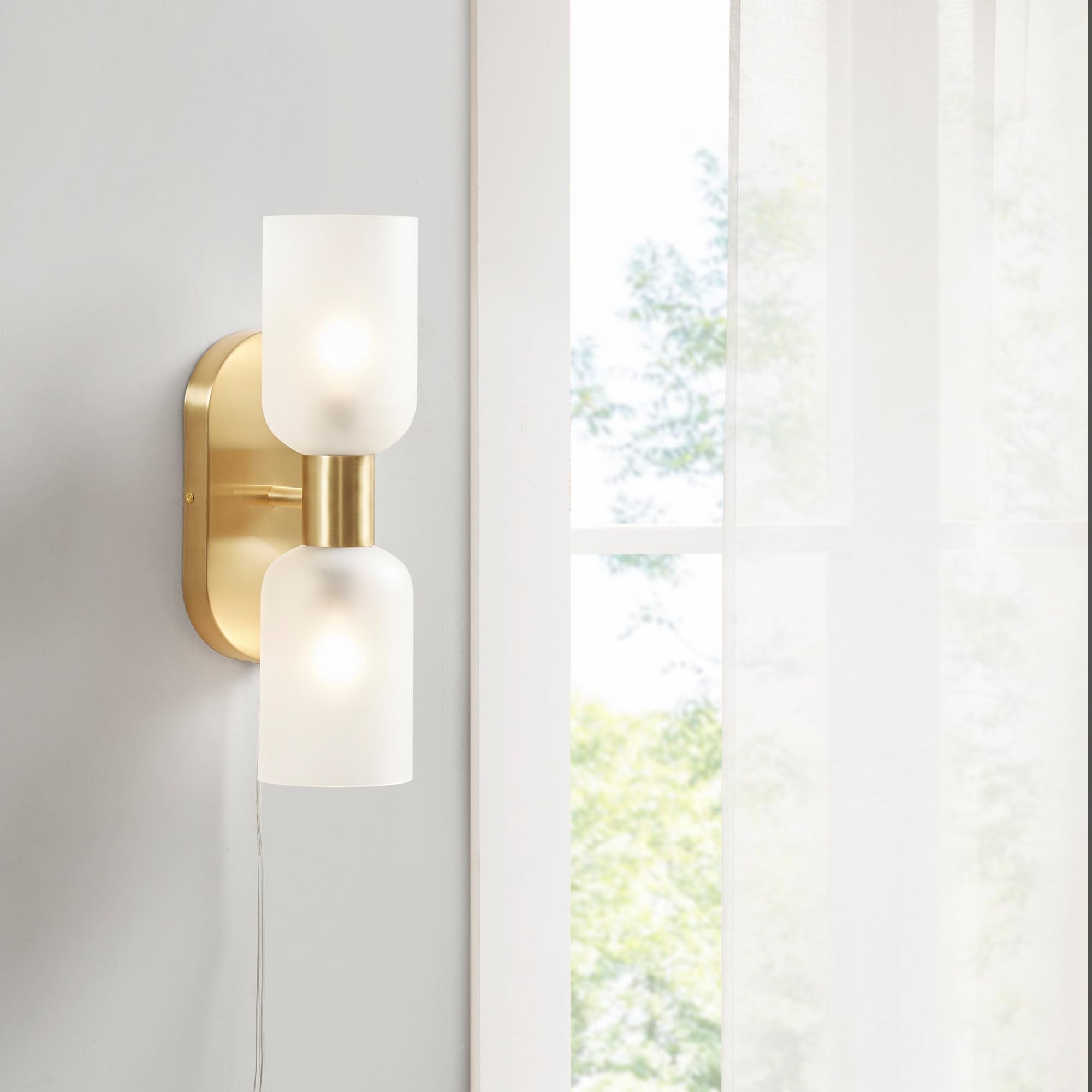 Hampton Hill 2 Bulb Modern Indoor Wall Sconce, Plug In Wall Lamps For Living Room, Iron Frame, Frosted Glass Shade, Clear Polarized Plug In Cord, Verticle/Horizontal Entryway Wall Lights - Gold Dove