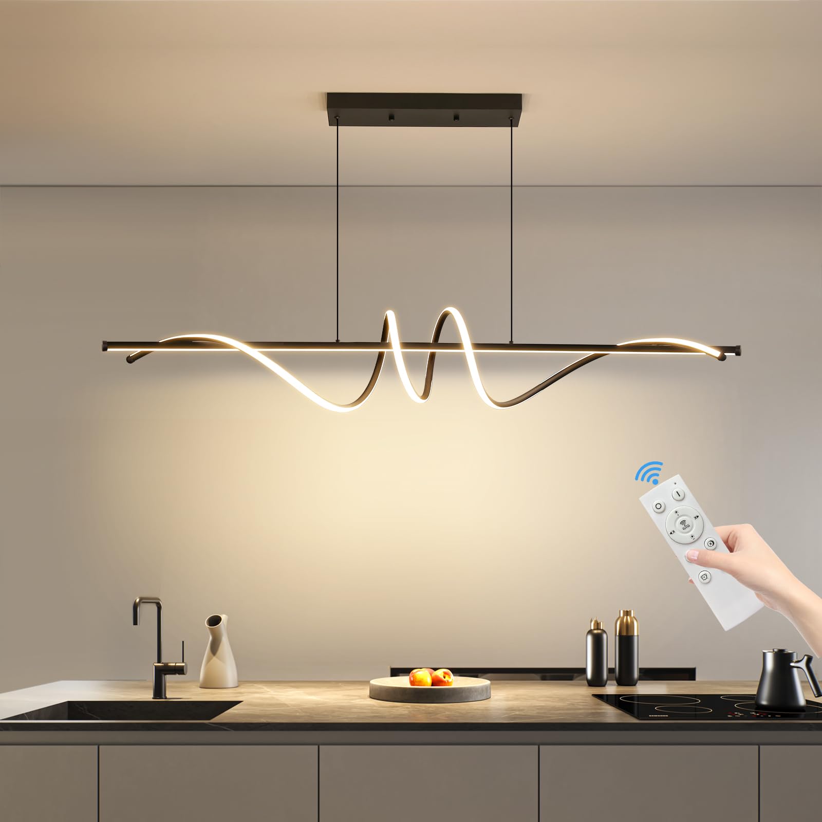 Mikeru Modern LED Chandelier Light, Dimmable with Remote Control, 59in Aluminum Pendant Fixture, A-Black, Model LX-120