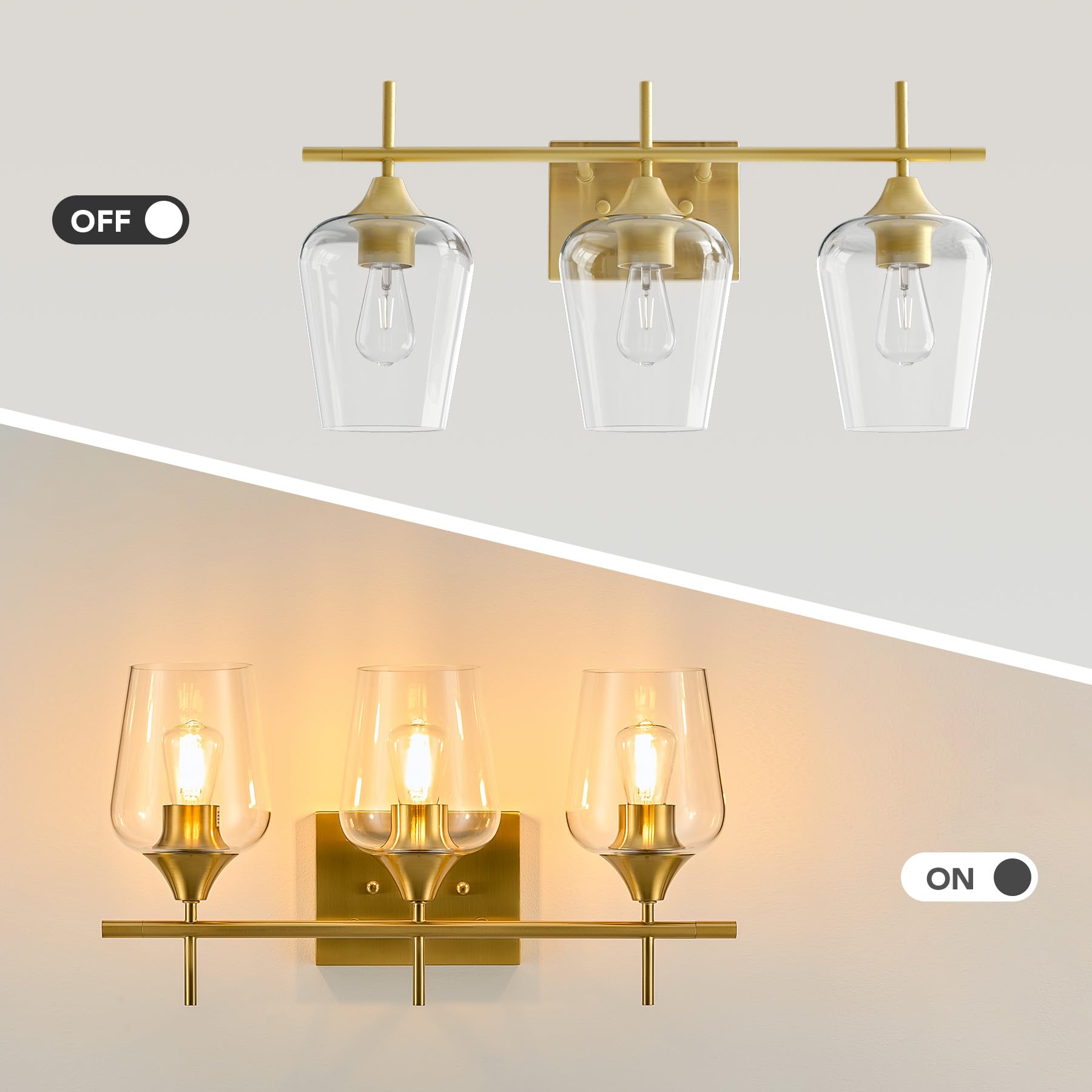 VONLUCE 3-Light Bathroom Vanity Light Fixture, Modern Metal Sconce, Brushed Gold, Clear Glass, Model HCF2803GD