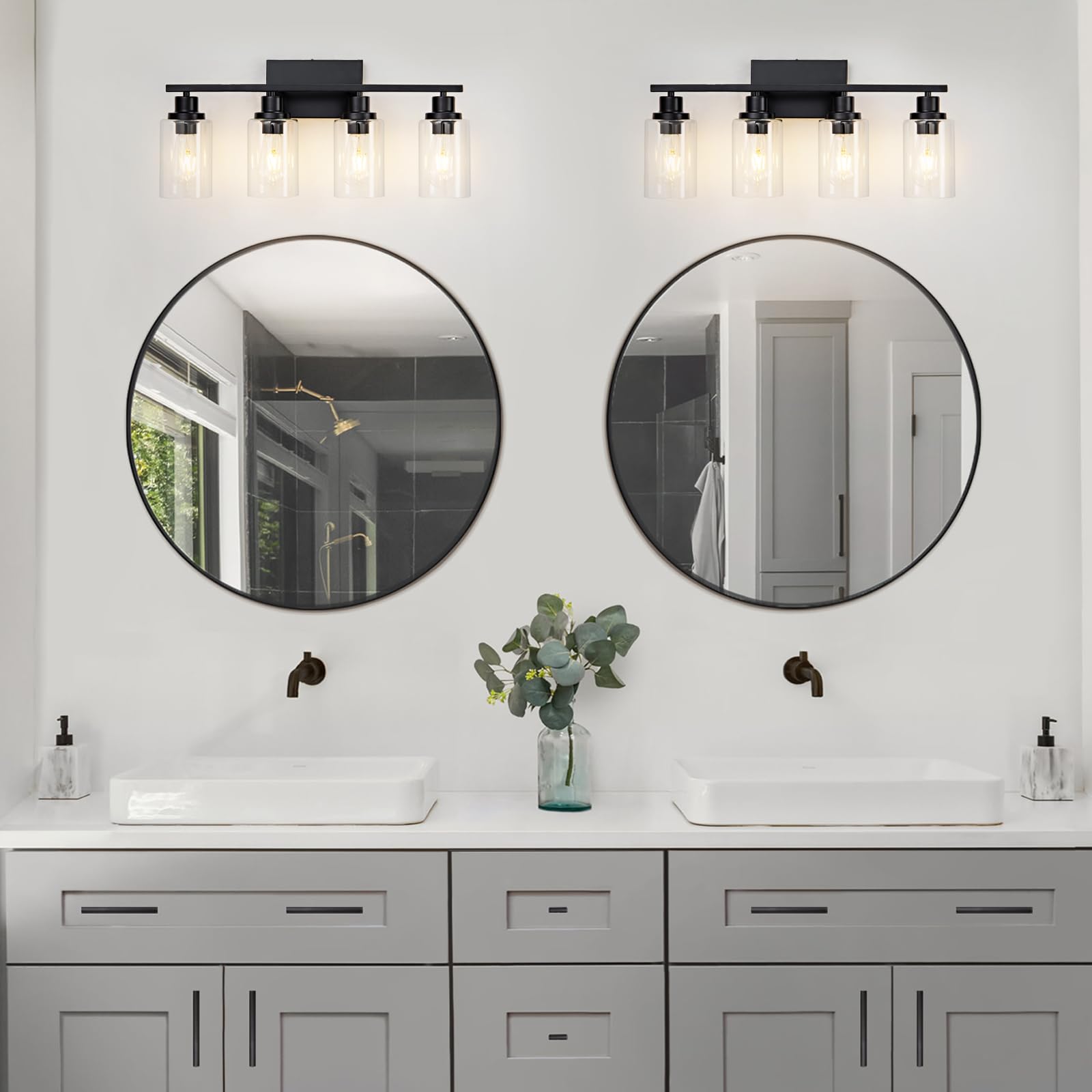 HCCZ 4 Light Black Bathroom Vanity Light Fixture, Metal Wall Sconces, E26 Socket, Glass Shade, Model 800-100-1079
