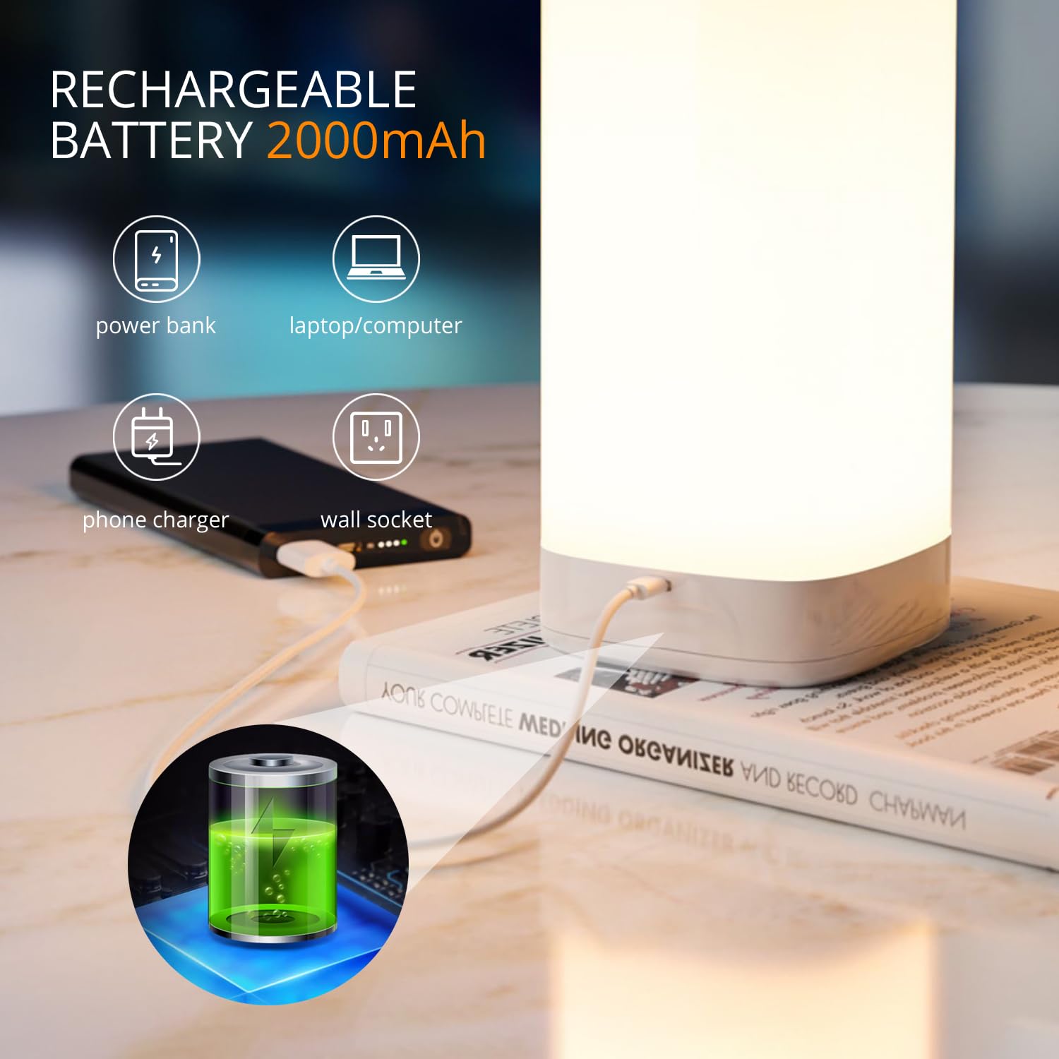 Semlos Battery Operated LED Table Lamp, 10 Brightness Levels, 3 Colors, Square 20cm, White, Model XYD20-CD