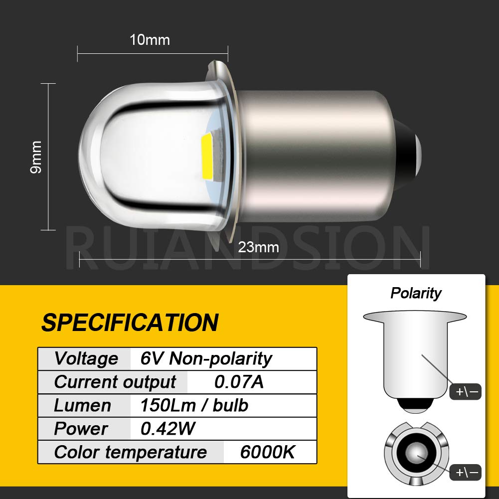 Ruiandsion 6V P13.5S Led Flashlight Bulbs Replacement, White, Non-Polarity, Pack Of
