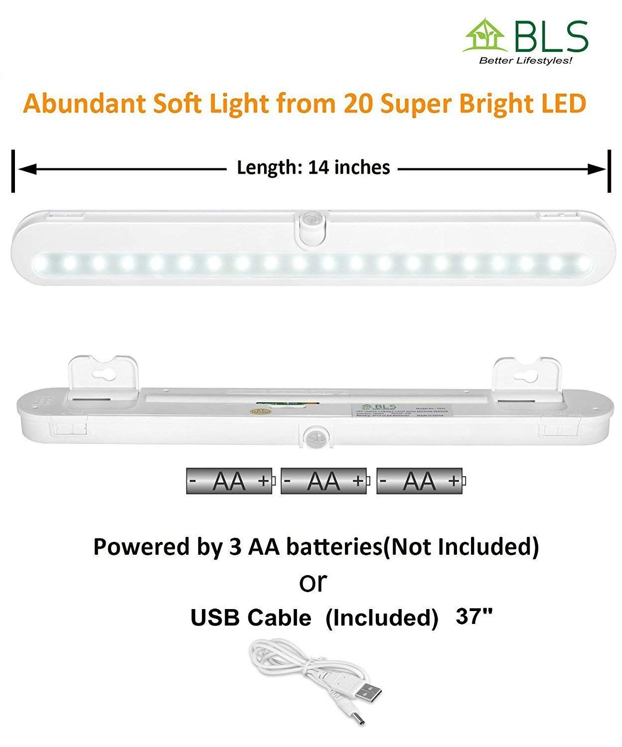 Bls Led Closet Light T01L - Super Bright 20 Led Motion Sensor, Battery/Dc Powered, 6000K Clean White, 2 Pack