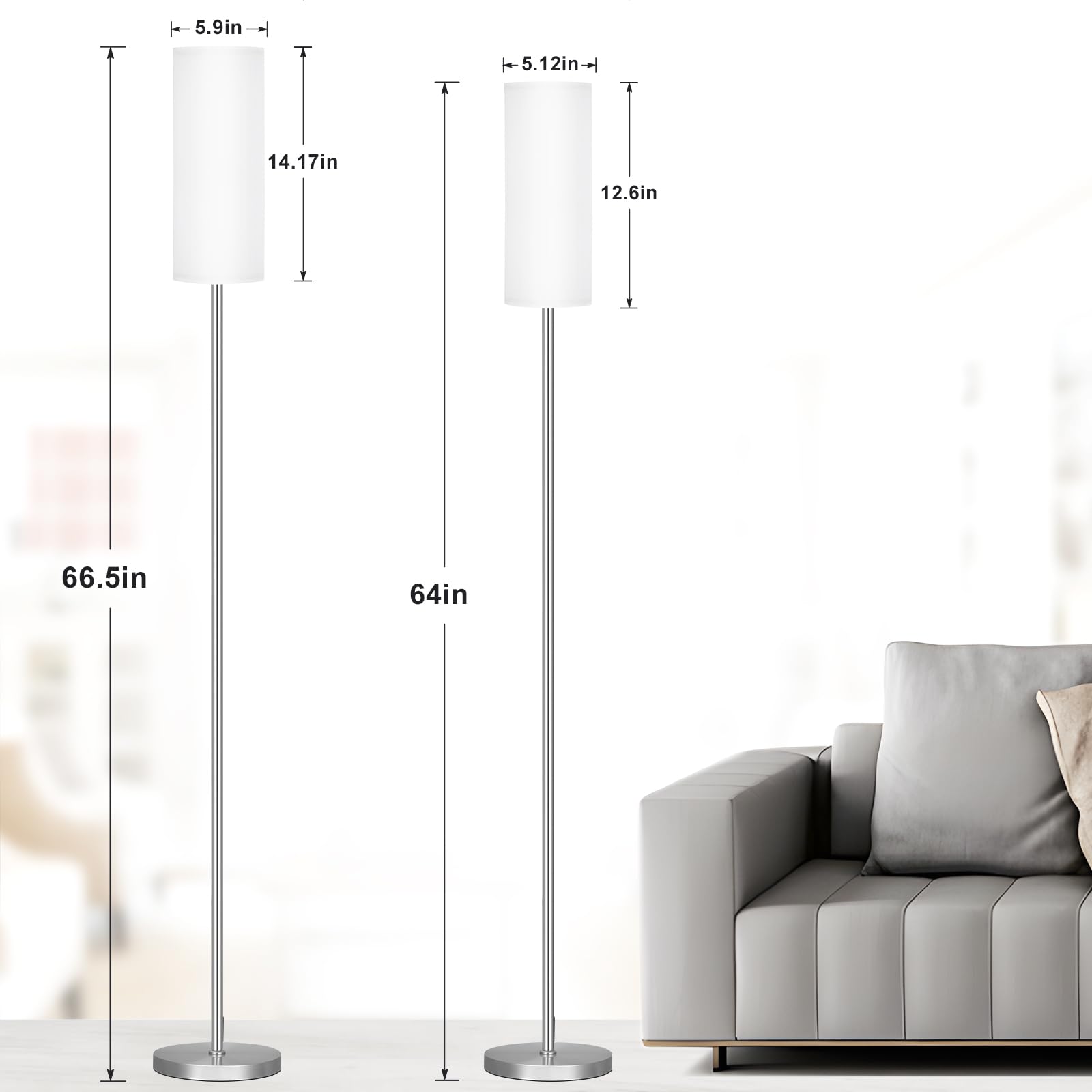 Ambimall 66'' Floor Lamps For Living Room With Remote Control And Stepless Dimmable Colors Temperature & Brightness, 9W Bulb Included(White Lampshade & Silver Pole)