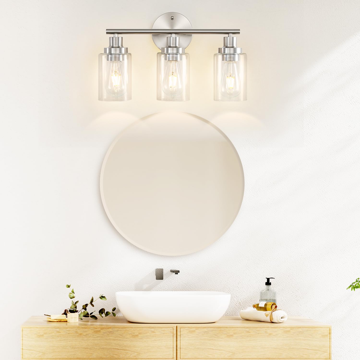 Apenath Modern 3-Light Vanity Wall Sconce, Clear Glass Shade, Brushed Nickel, Ideal for Bathroom, Kitchen, Living Room