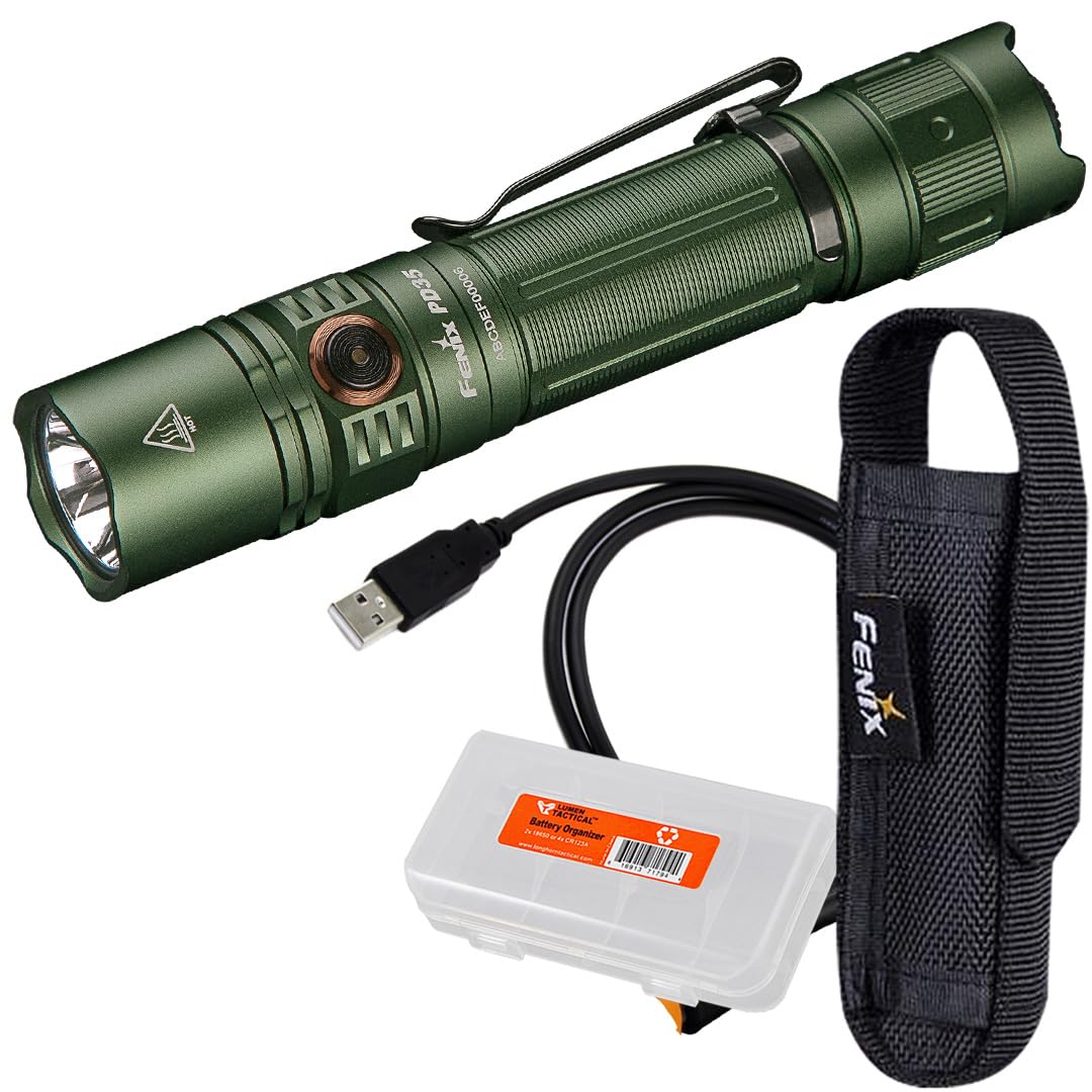 Fenix PD35 v3.0 Rechargeable Tactical Flashlight  1700 Lumens EDC with Organizer (Green)