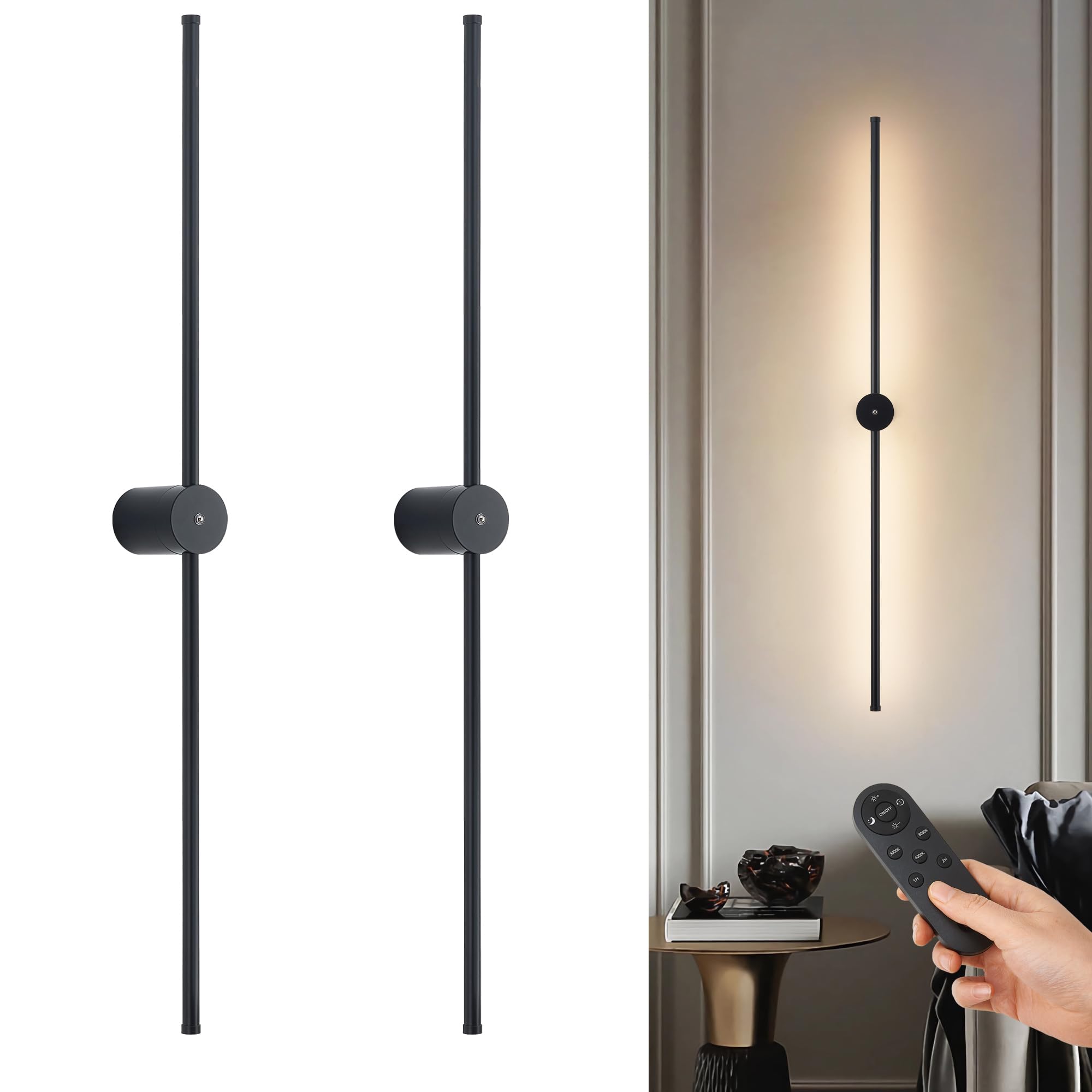 GWONER Battery Operated Wall Sconces Set of 2 with Remote Control, 40   Wireless Rechargeable Wall Lights, 3000K-6000K Steples