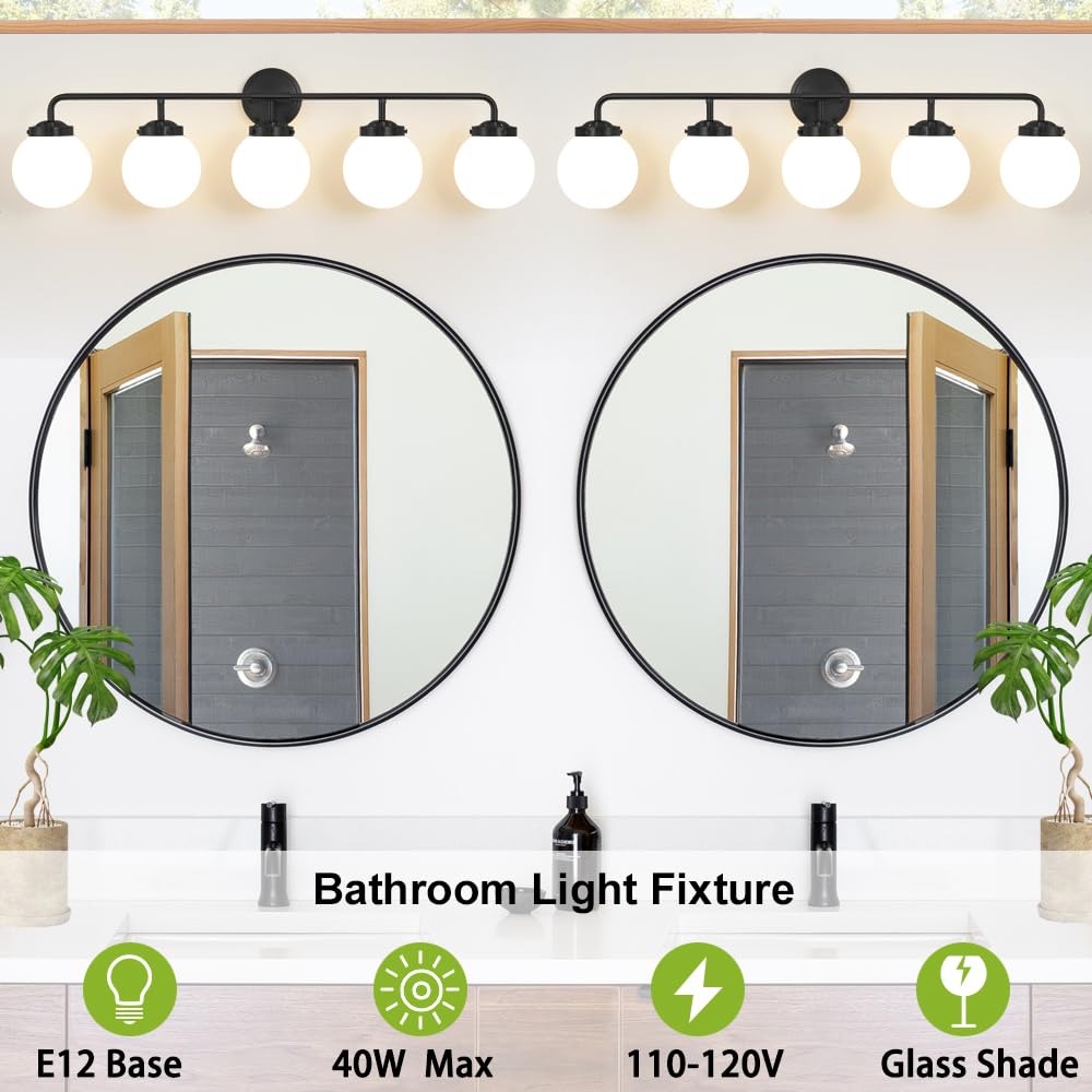 Deyidn Bathroom Light Fixtures Over Mirror, 5-Light Matte Black Vanity Lighting With Milk White Glass Globe Shades Modern Wall S