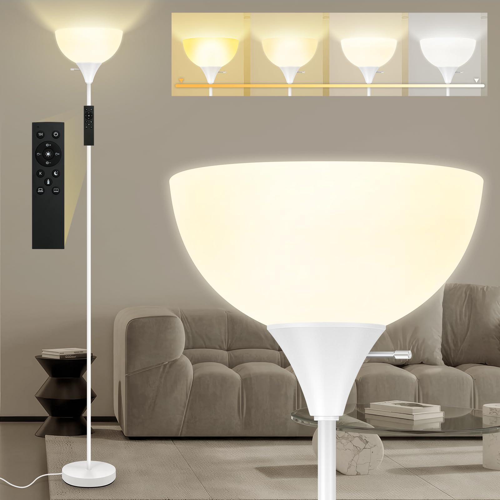 Bricosmocon Floor Lamp, 71in  Torchiere, Remote Control, 2700K-6500K Adjustable Brightness, Metal, White, Model F0162