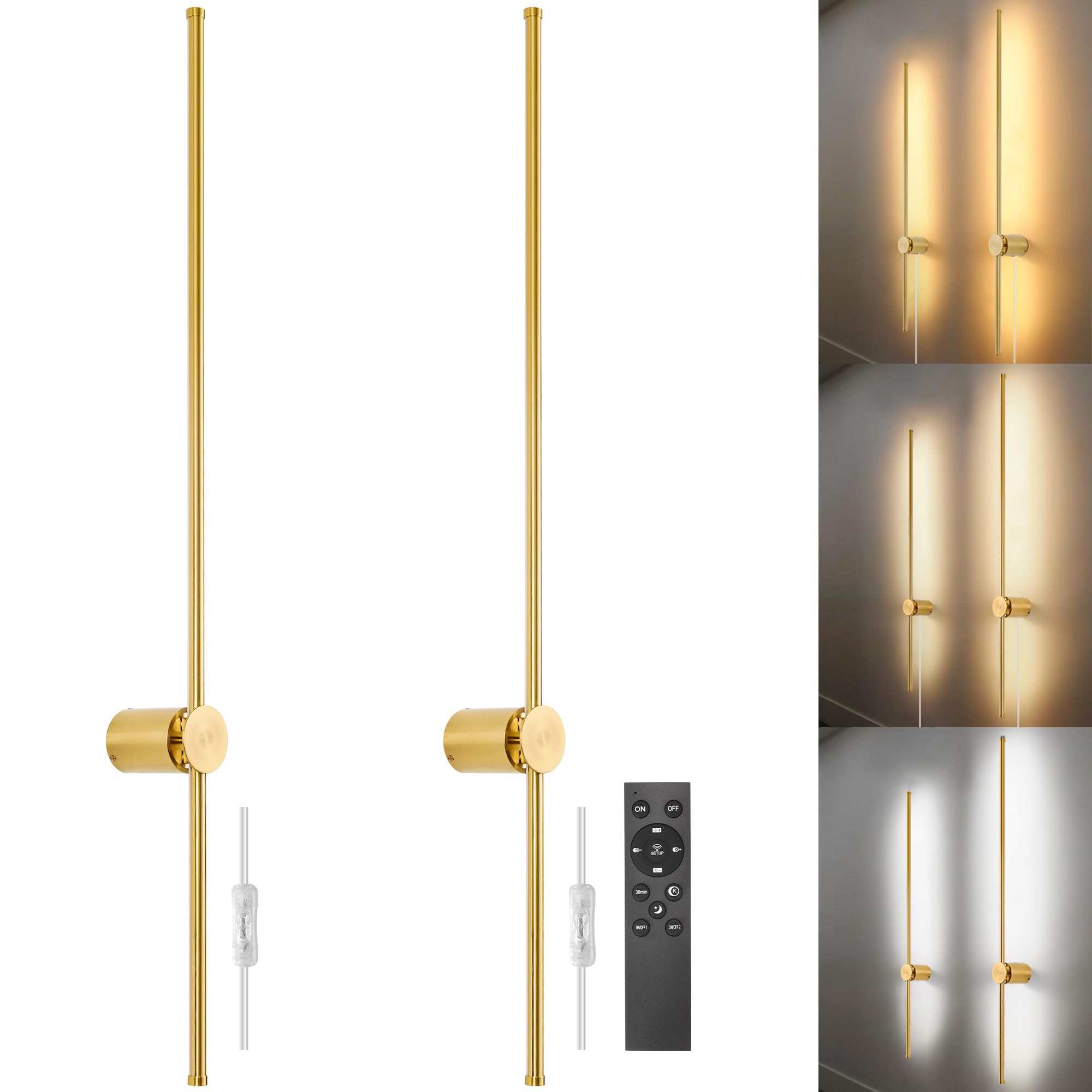 Goodate Led Wall Sconces Set Of 2 With Remote, 3000K-6500K Dimming, Gold, 