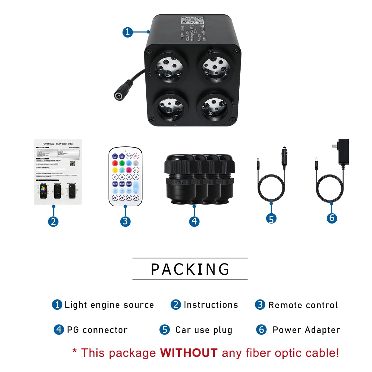 AKEPO RGBW Twinkle Fiber Optic Light Source, 36W, Multicolor, Model QJ-L036, Bluetooth Control, Music Activated, 4 Ports