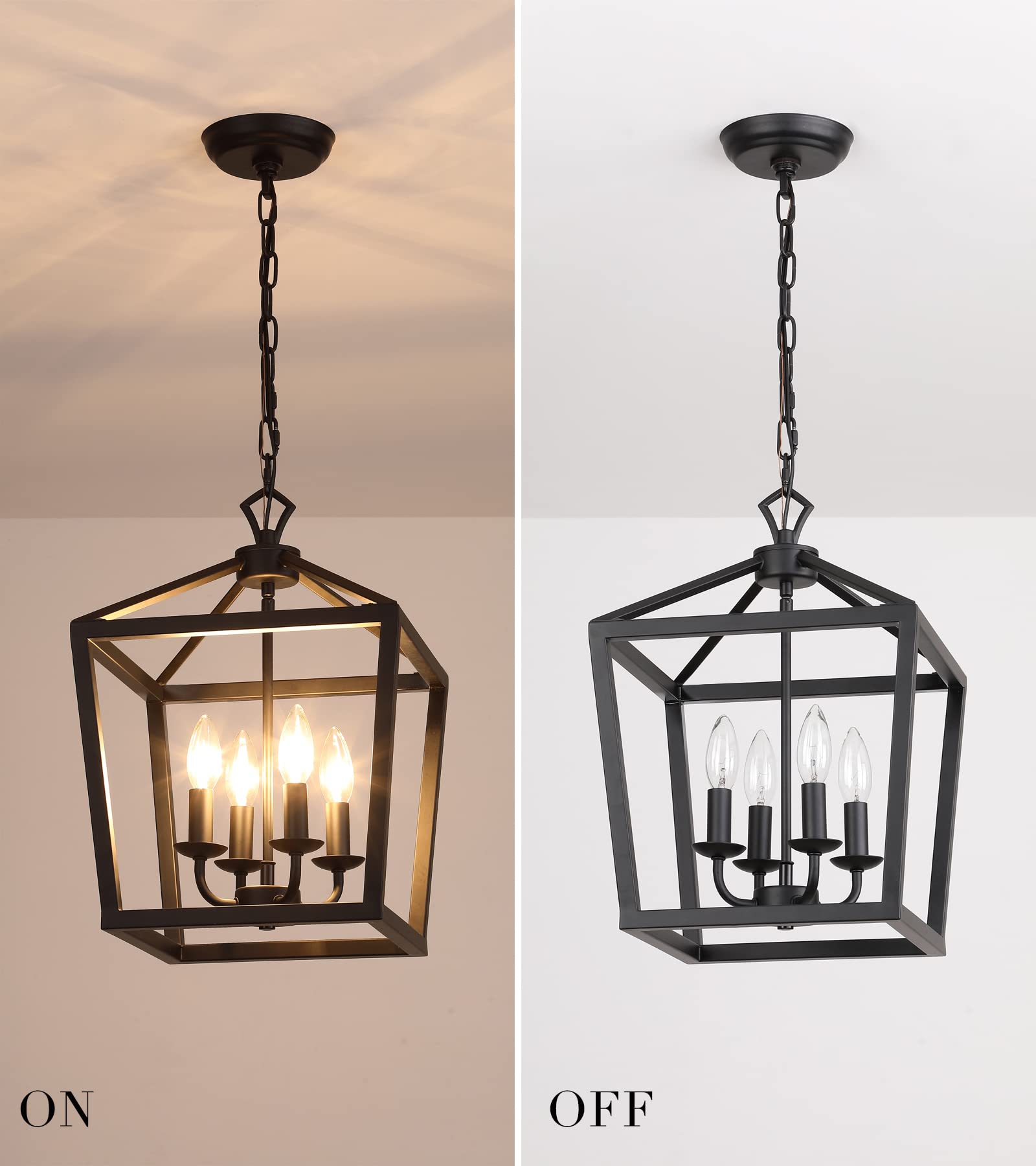 AMZASA Rustic Black Lantern Chandelier - 4-Light Fixture for Kitchen, Dining Room, Entryway - L17.5"xW11.81"xH65.9" - UL Listed