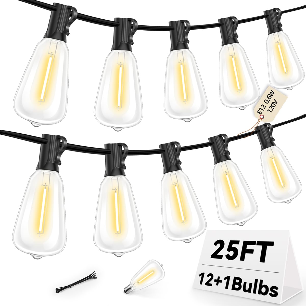 Hobbynors ST38 Outdoor String Lights 25FT with 12+1 LED Bulbs  E12 Socket  Waterproof Commercial Grade  2700K Warm White for Garden  Backyard  Bistro  Patio  Porch  Deck  Gazebo  Wedding Decor