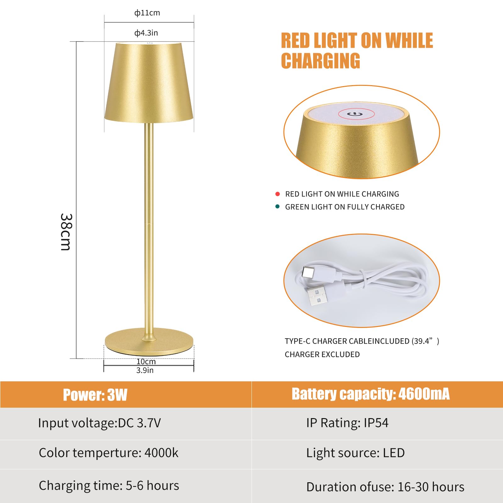 IMQSQIK Cordless Table Lamps USB Rechargeable LED Touch Control 2Pcs Gold