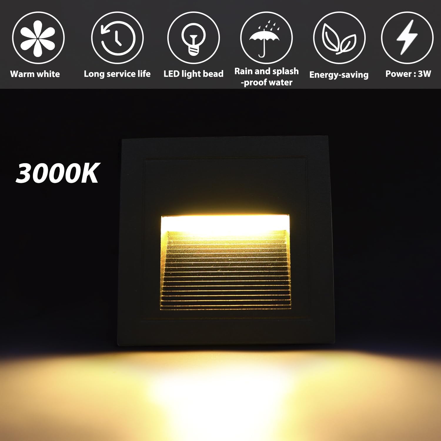 Arotelicht LED Stair Lights, 3000K Warm White, 8 Pack, IP65 Waterproof, Aluminum, Black Cover, Model WA