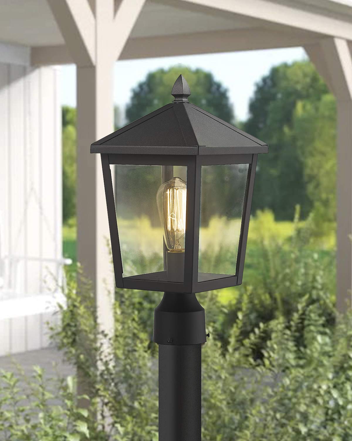 zeyu Outdoor Post Light - 16 Inch Black Metal Lantern with Clear Glass Shade, Large - 1 Pack, Model 20076P