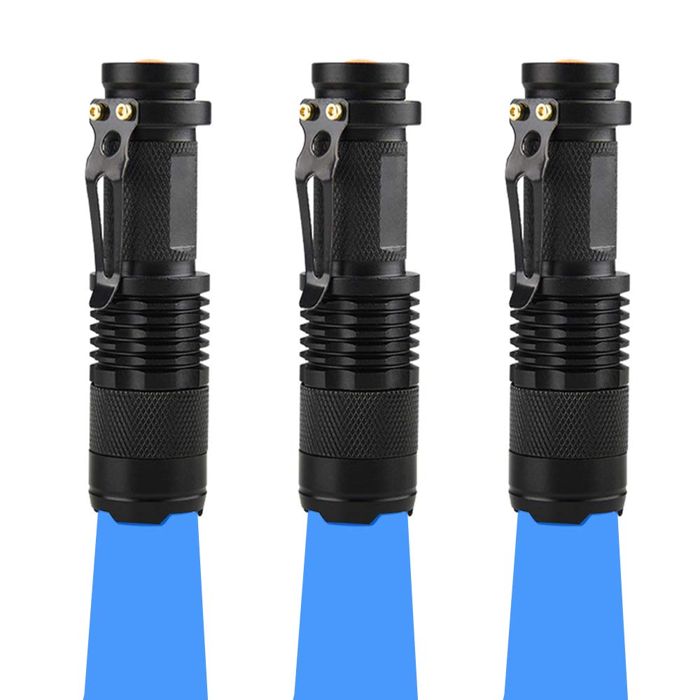 WAYLLSHINE Blue LED Flashlight Torch, Pack of 3, Single Mode, Aluminum, Model SK68-Blue-Light-BK-1M-3P
