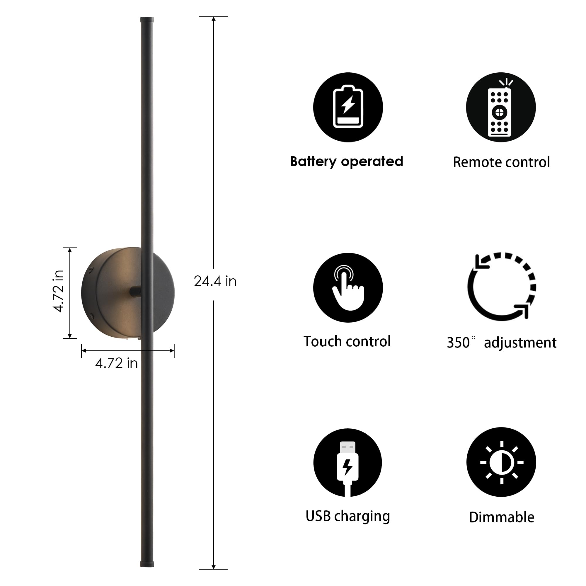 KARTOOSH Dimmable Battery Operated Wall Sconces, 24.4" Black LED Lights, 350° Rotate, Set of Two for Living Room, Bedroom, Hallway