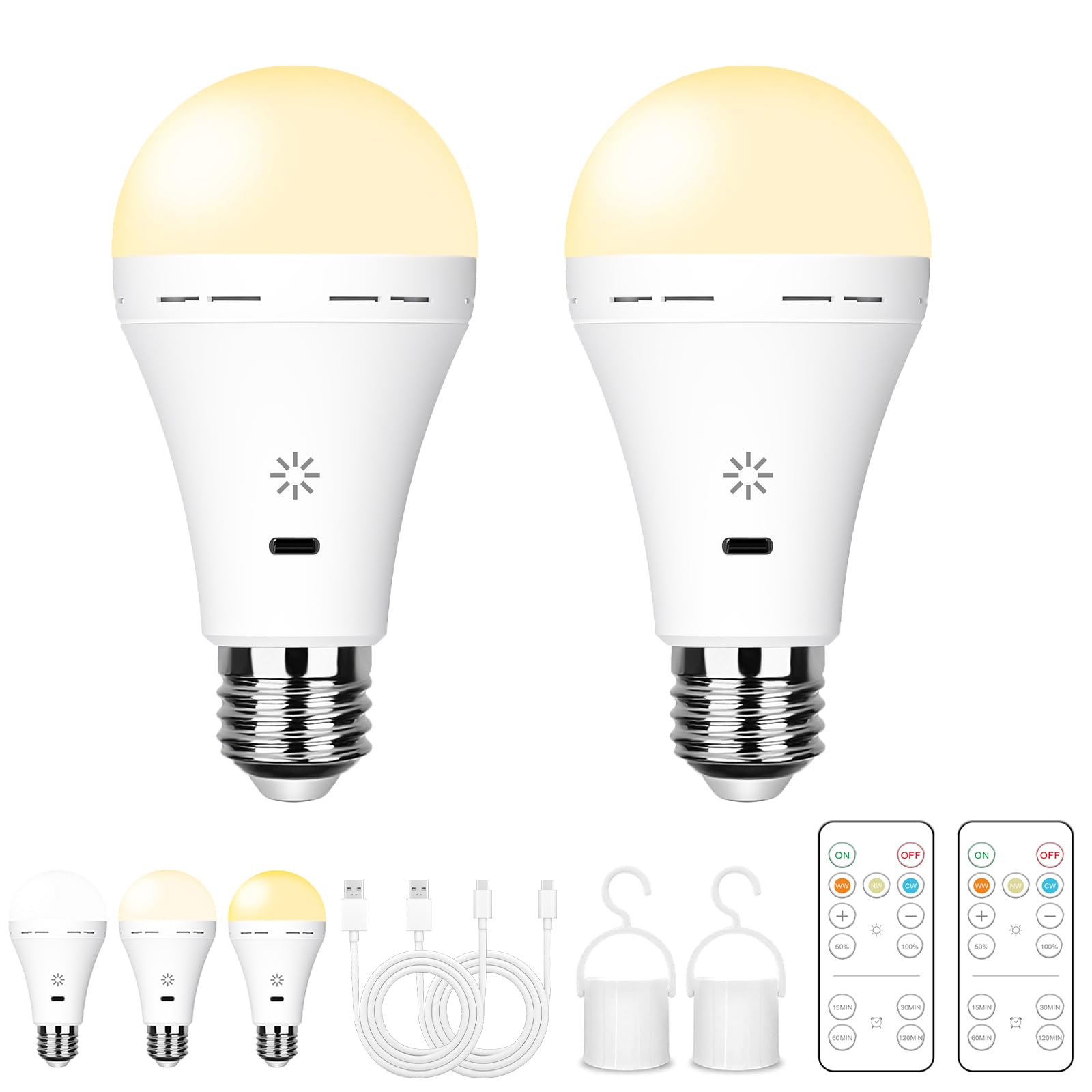 Usb Rechargeable Light Bulb With Remote Control, 3 Color Temperature Led Dimmable Battery Powered Light Bulbs, E26 7W Touch Cont