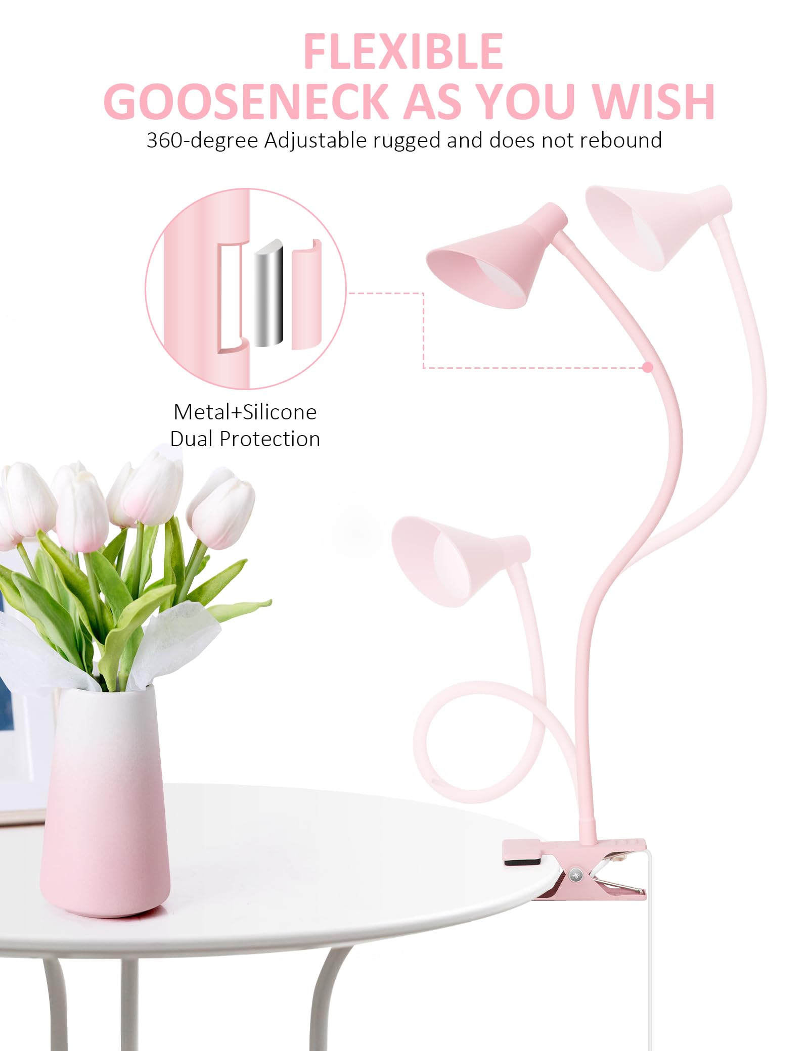 Lifmira Pink Small Desk Lamp Clip On Led Reading Light For Bed, 3 Color Modes 10 Dimmable Brightness, Book Light For Reading In