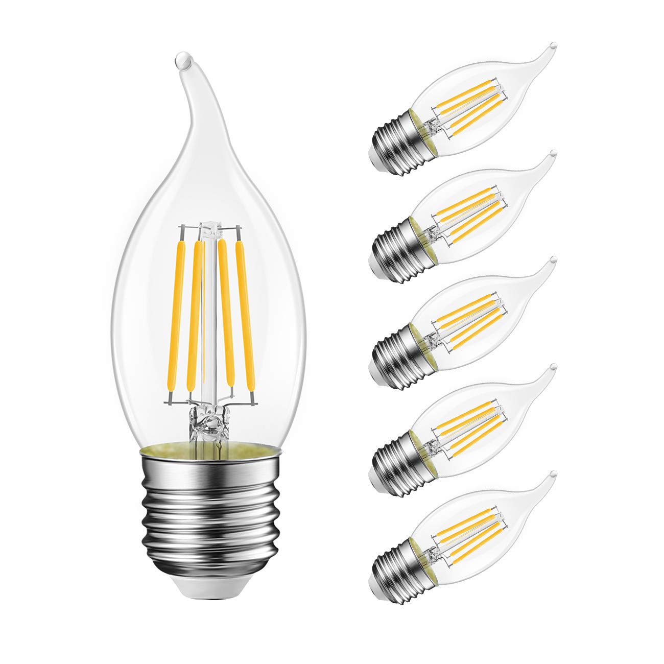 LVWIT Flame Tip LED Filament Bulb Dimmable 4.5W E26 Base 6-Pack Transparent 2700K Warm White