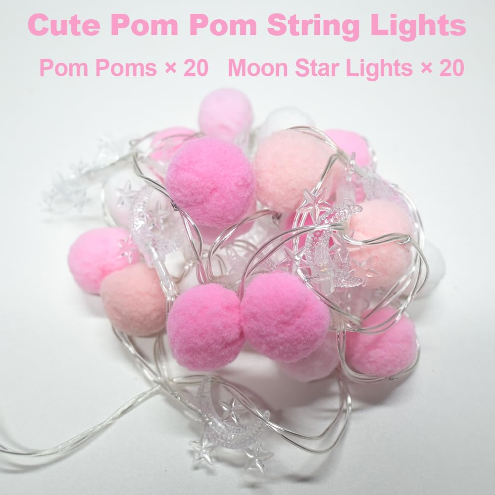 Indoor String Lights 6.56 Feet Pom Poms Moon Lights 20 Led Battery Operated String Fairy Lights Warm White Globe Lights Colorful Decor Lights For Home Bedroom Kids Playhouse Holiday Christmas