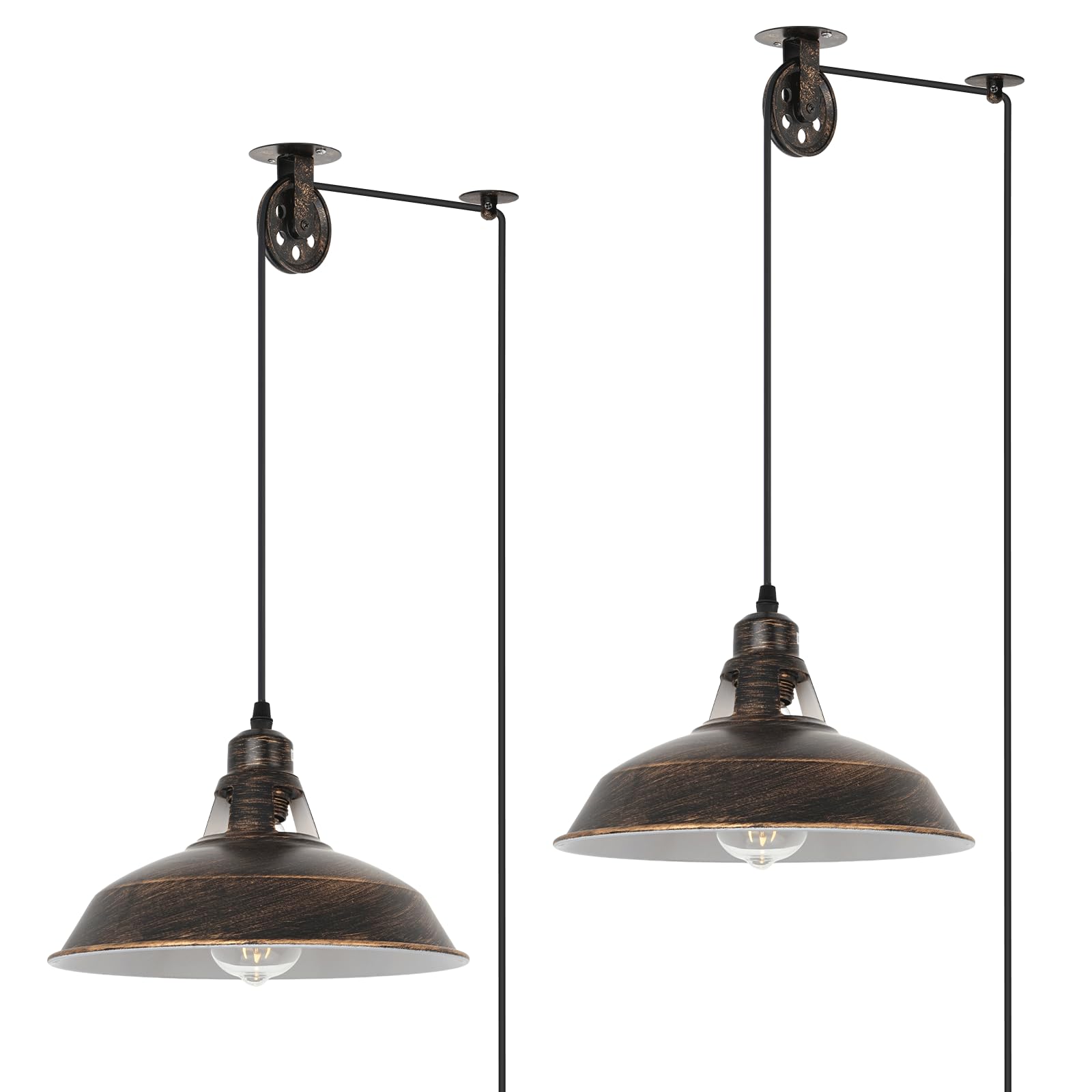 Farmhouse Brushed Bronze Plug in Pulley Barn Pendant Light with 19.4ft Cord On/Off Switch Rustic Vintage Hanging Ceiling Lamp fo