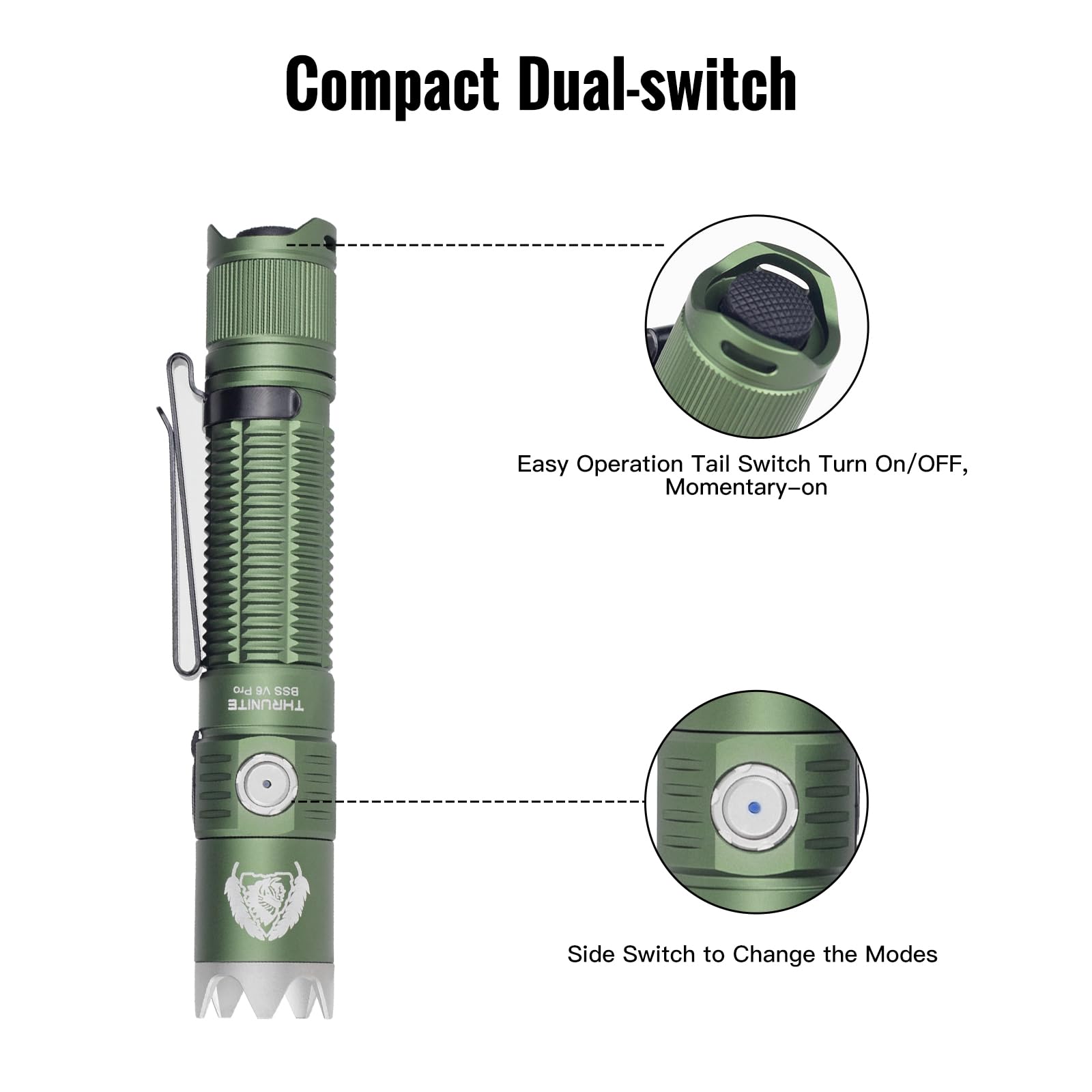 ThruNite BSS V6 Pro Tactical Flashlight - USB-C Rechargeable, 1705 Lumens, 6 Light Modes, Pocket Size, Dark Green