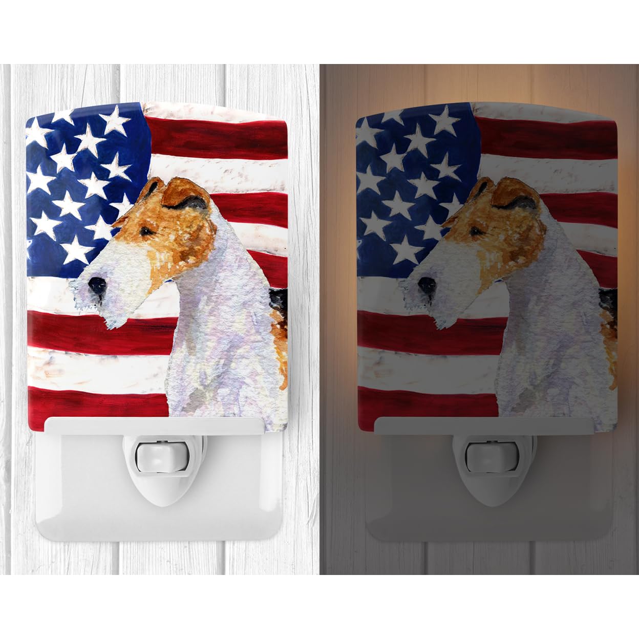 Carolines Treasures Ceramic Night Light, USA American Flag with Fox Terrier, 6x4x3in, Multicolor, Model SS4057CNL