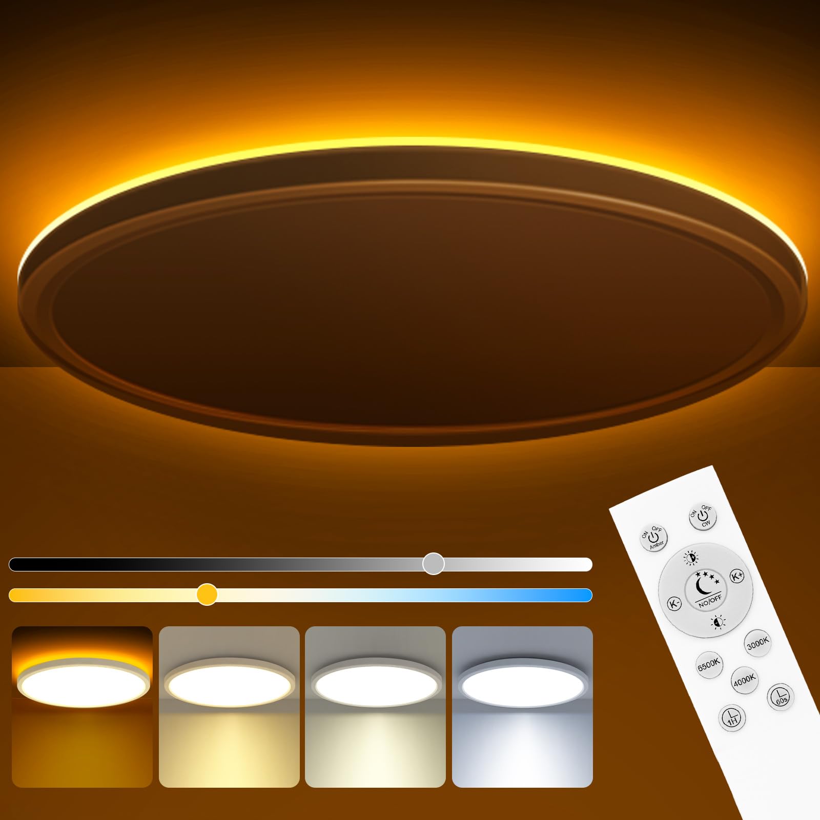 zemty LED Ceiling Light, Dimmable 15 Inch with Remote, 1800K-6500K, Low Profile, White, Model CLS40TA