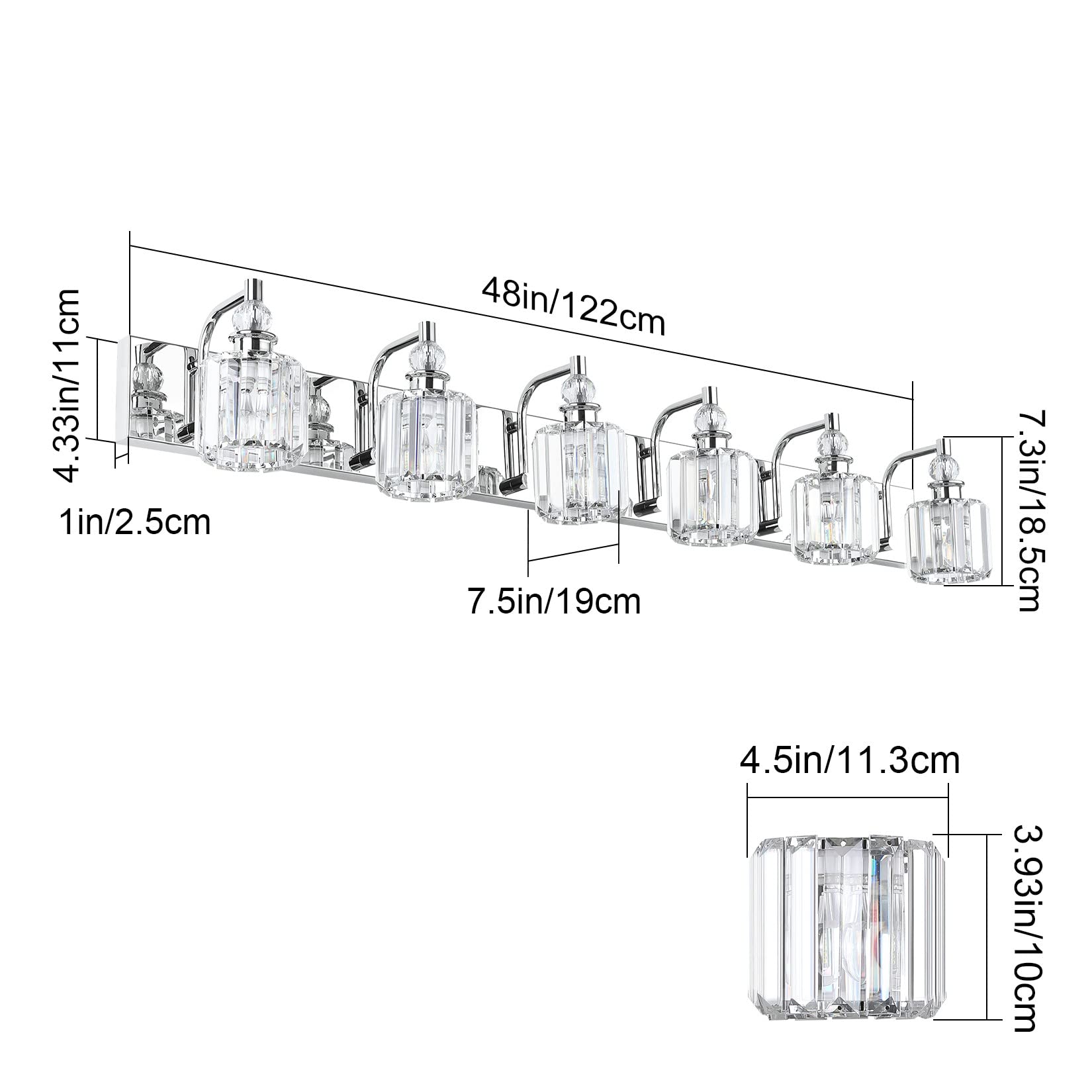 Ralbay 6-Light Crystal Vanity Lights - 48" Chrome Stainless Steel Bathroom Fixture, Model 8605, Modern Design for Wall Mounting