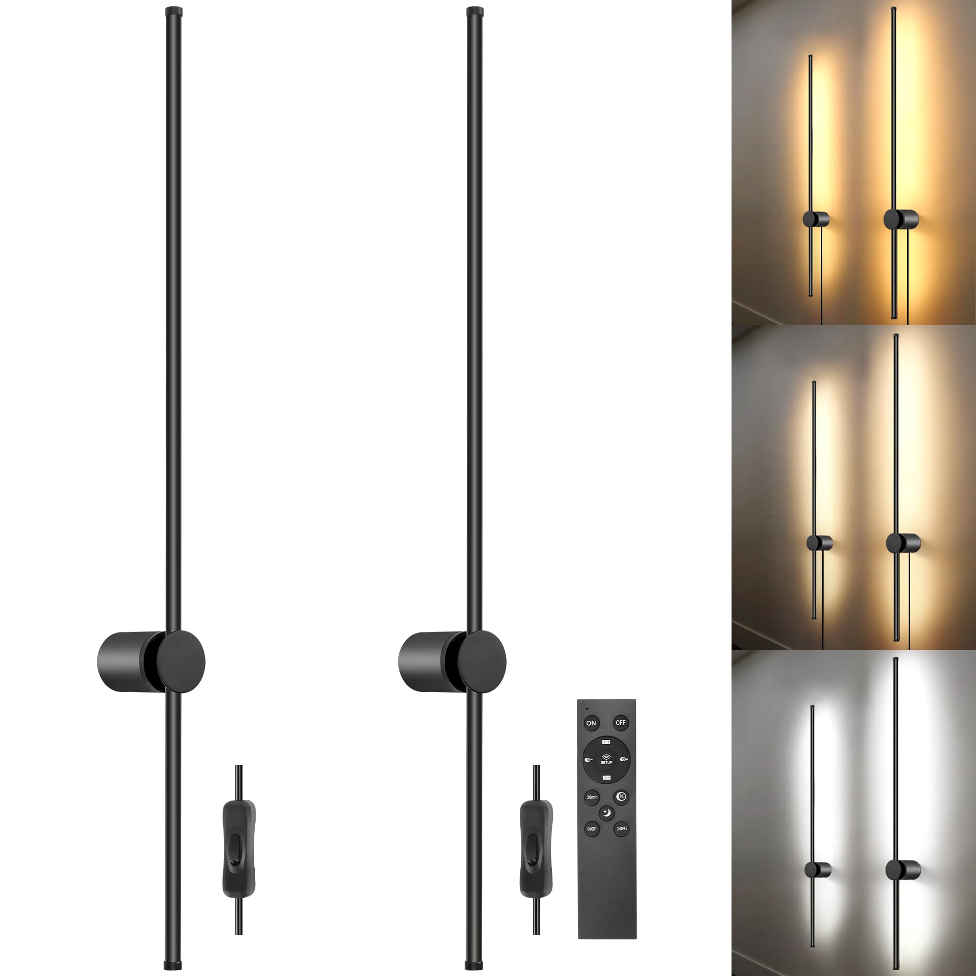 Goodate Wall Sconces Set Of Two With Remote, Stepless Colors 3000K-6500K & Stepless Dimming, Hardwire Or Plug-In, 180? Rotate, L