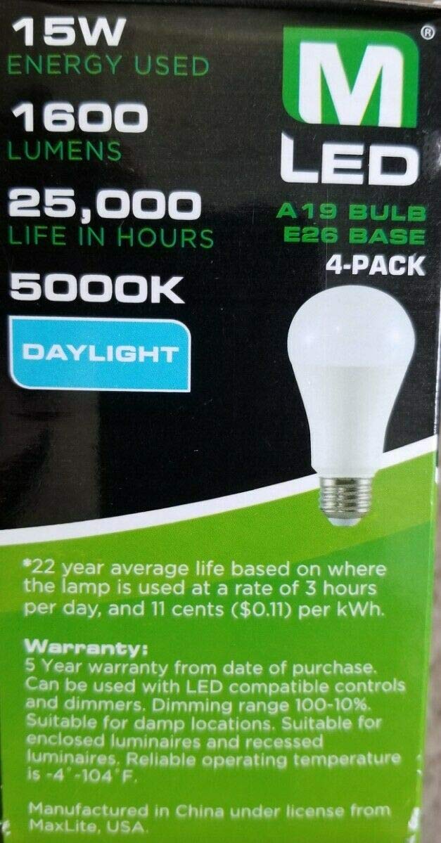 Maxlite LED Dimmable A19 Bulbs, 100W, Daylight 5000K, White, 4 Count Pack