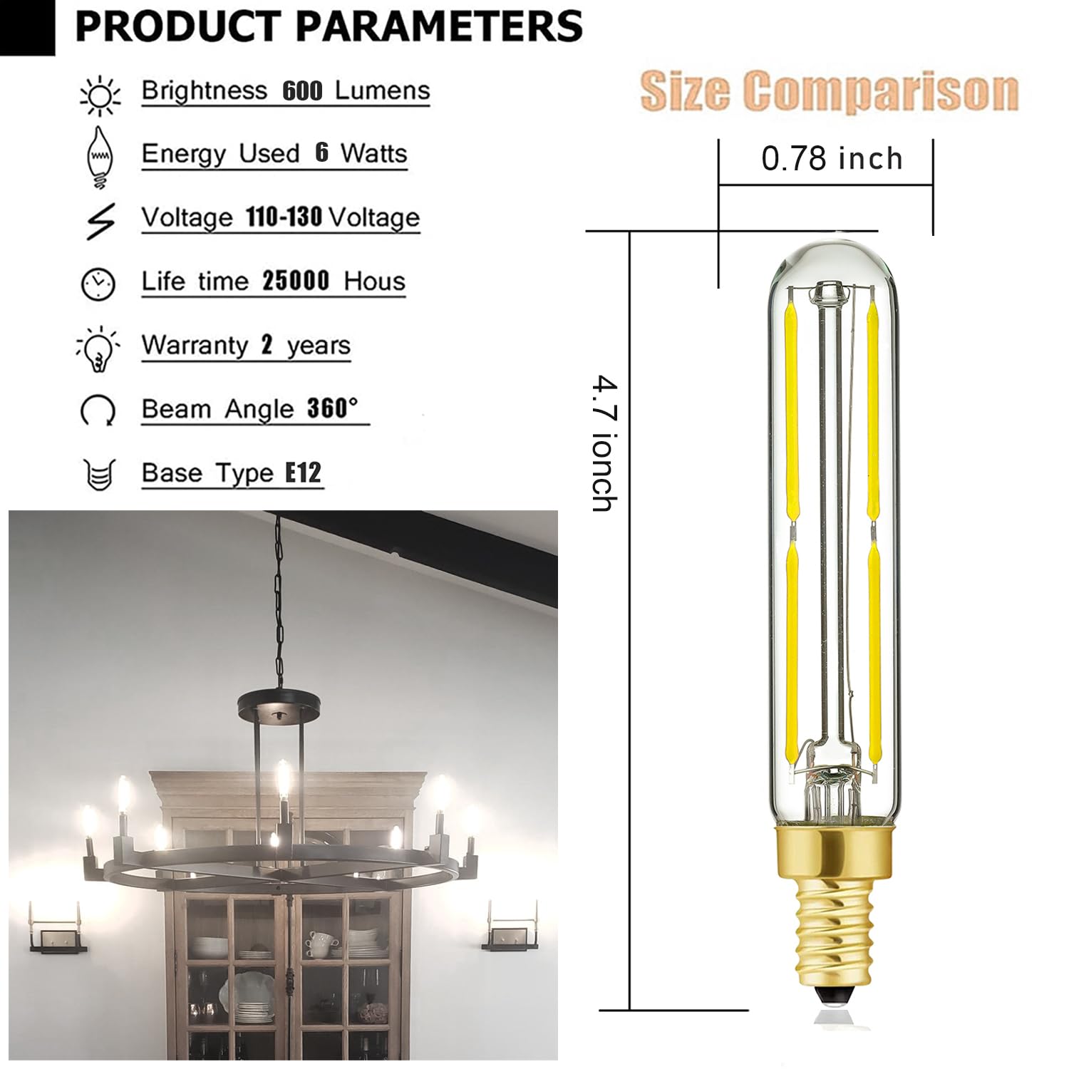 Leools T6 Led Bulb Dimmable 6W Equal 60 Watt Light Bulbs,5000K Daylight White T6 E12 Candelabra Bulb 60 Watt For Chandeliers,Cei