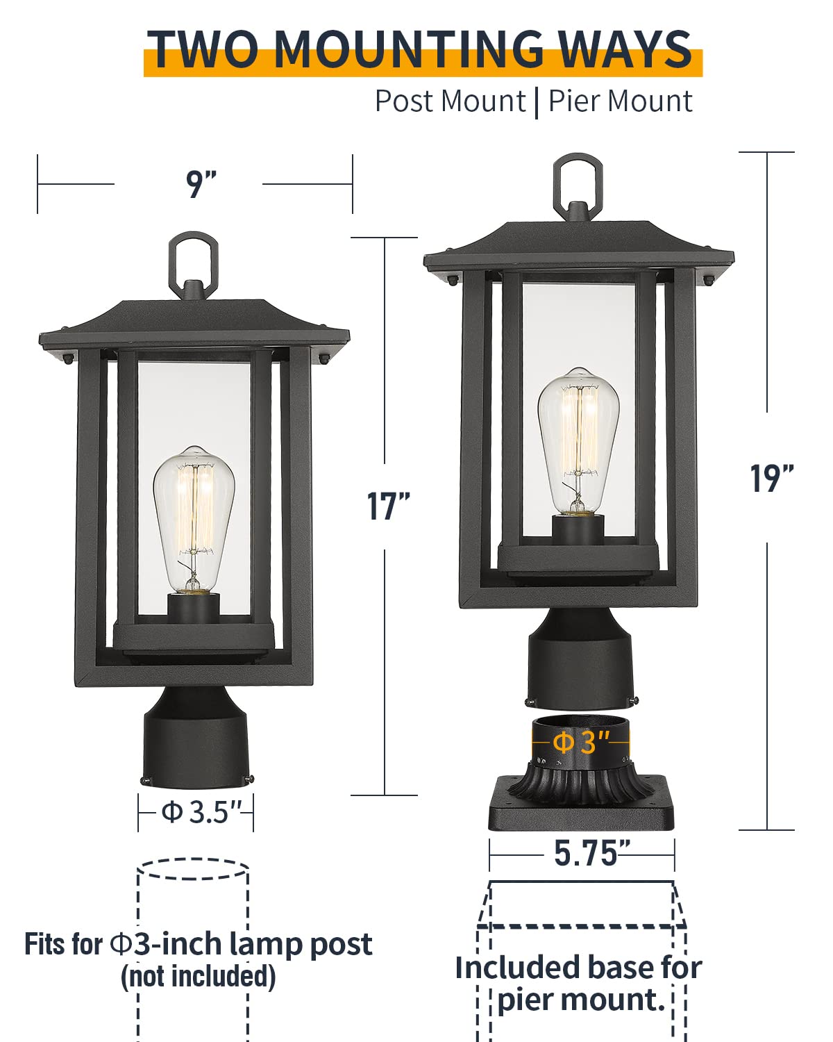 Beionxii Outdoor Post Lights - Large Black Aluminum Lamp Fixture With Clear Glass, Model A197P-2Pk, Post Mount, Extra Large (19 X 9)