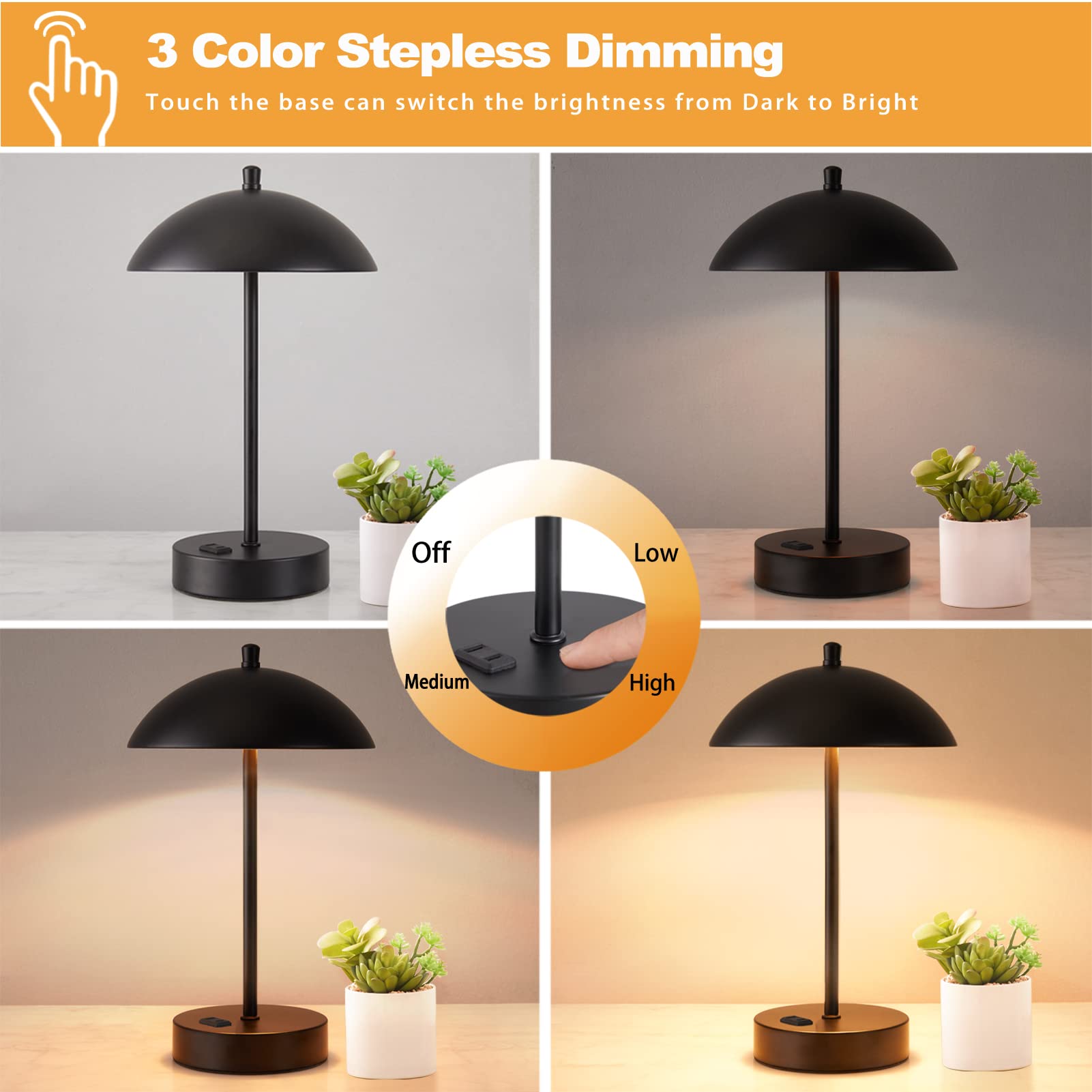Modern Led Desk Lamp With Ac Adapter, 12'' 3-Way Dimmable Touch Bedside Reading Lamp, Minimalist Black Small Nightstand Table La