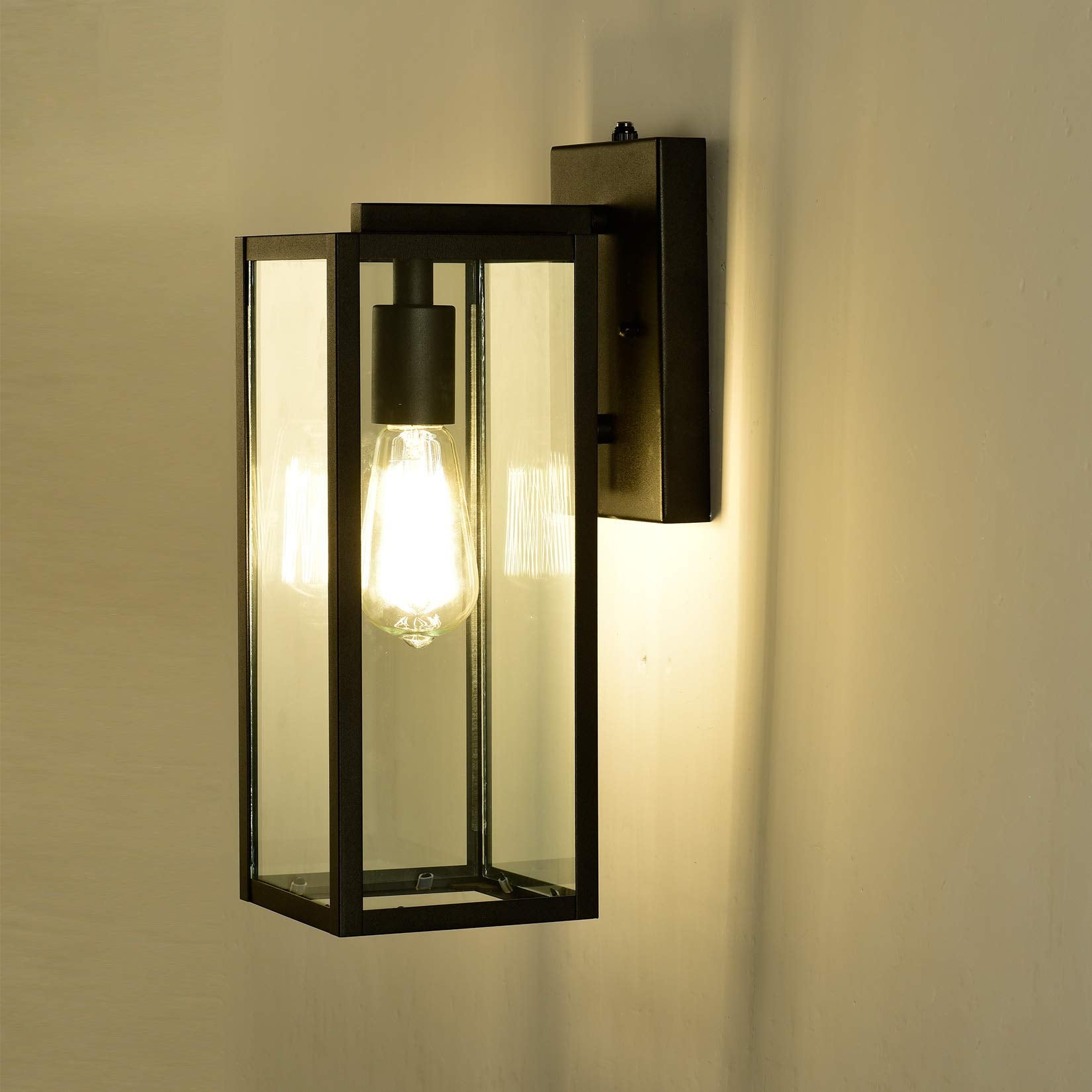 MICSIU Outdoor Wall Mount Lantern, 14.5in Clear Glass, Industrial Textured Black, Metal, Model 20001
