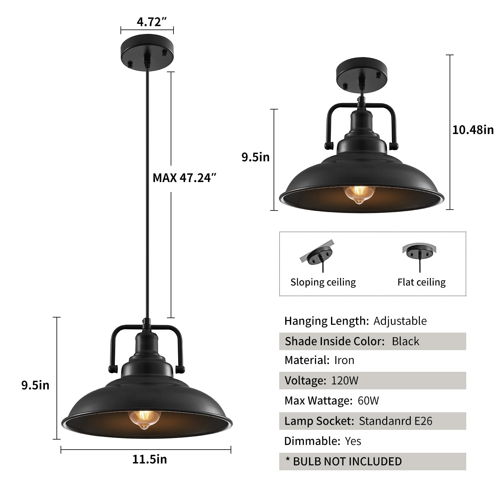 Sesiment Black Pendant Light Fixtures 12.5 Inches 3 Packs,Matte Pendant Lights Kitchen Island,Industrial Pendant Light,Vintage F