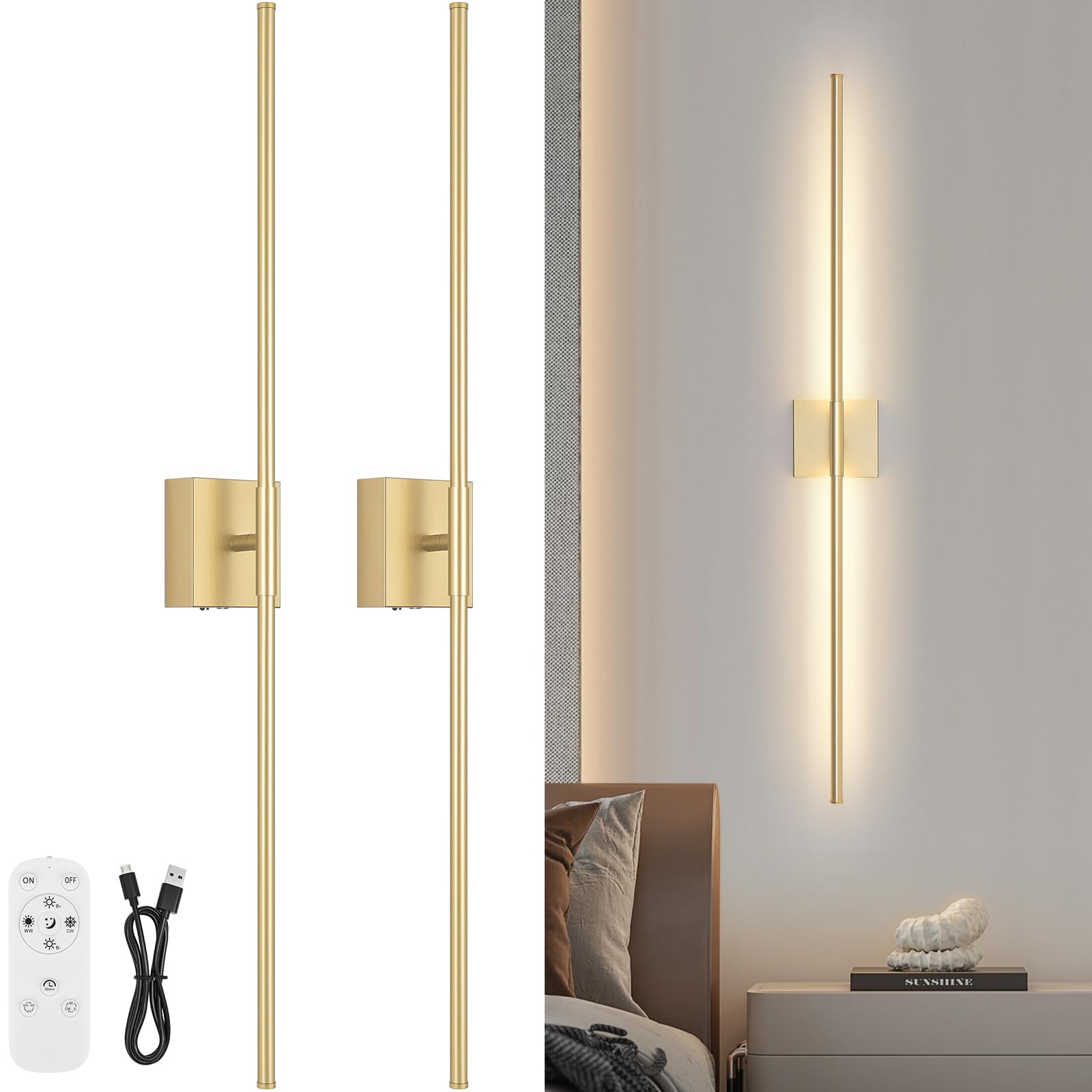 JZEKVN Battery Operated Wall Sconce Set of Two, Dimmable 3000K-6000K, 39.4in Gold Metal, Wireless with Remote Control, Model 