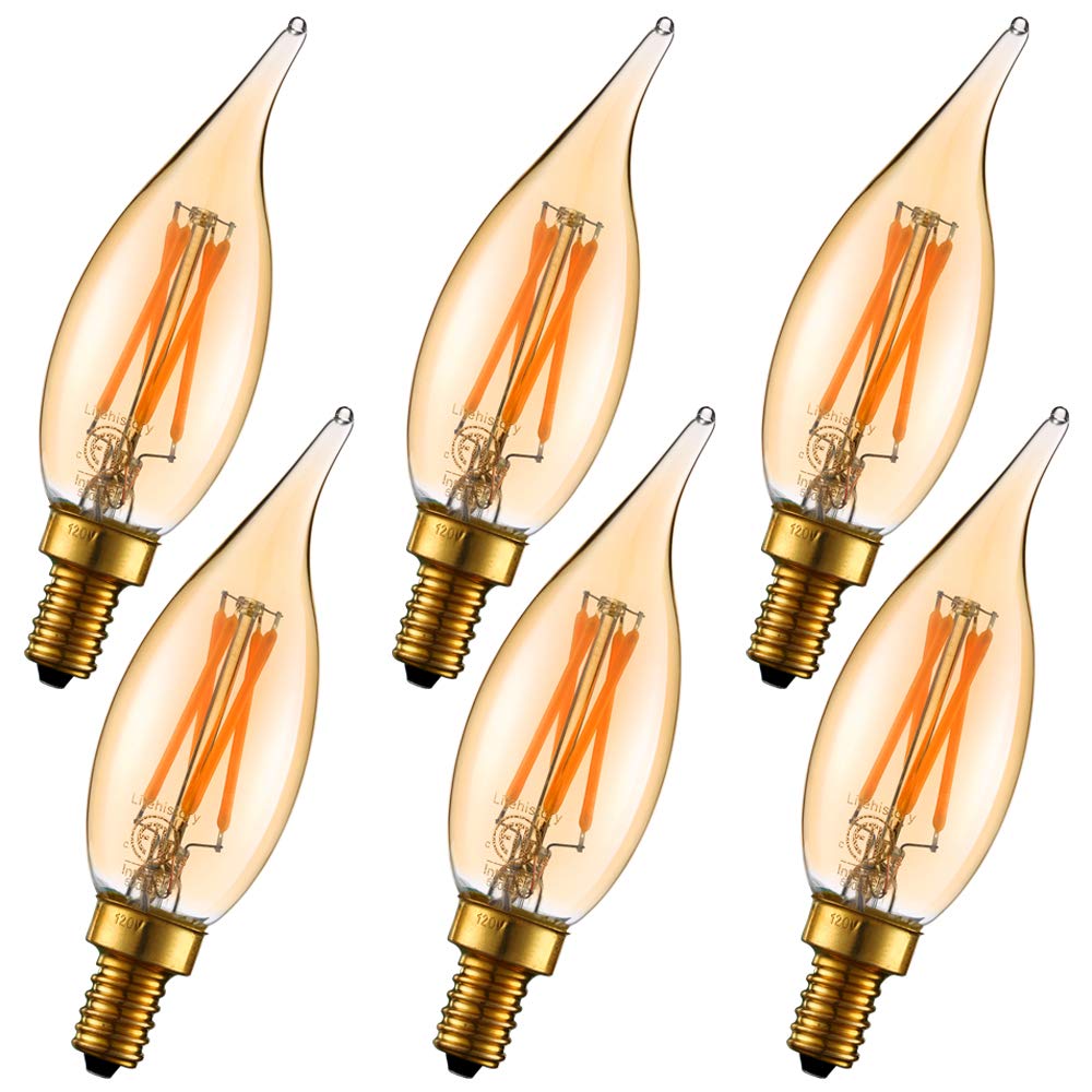 LiteHistory CA10 Dimmable LED Bulb 4W 250lm Amber Flame Tip 6-Pack, Warm White, E12 Candelabra, Glass
