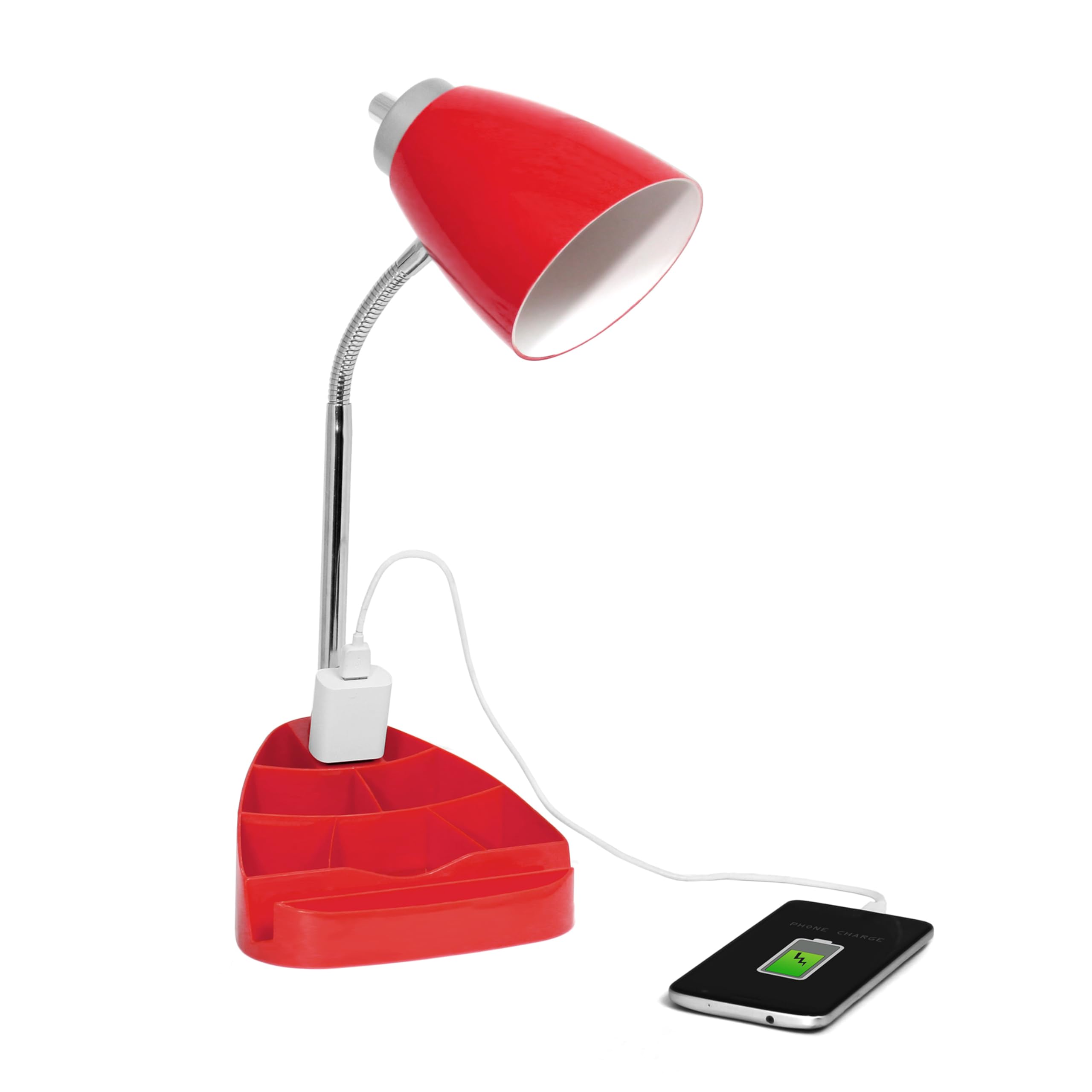 Simple Designs LD1094-RED 18.5 All-in-One Gooseneck Desk Lamp with iPad Stand, Book Holder, and Convenient Charging Outlet, for