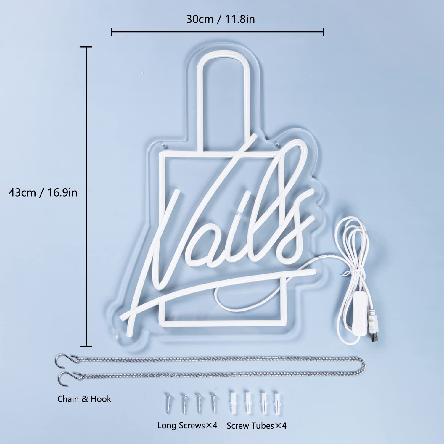 CKTBLEY Neon Sign LED Wall Light - Acrylic Nail Polish Decor - Pink, Blue, White - Perfect for Bedroom and Beauty Room