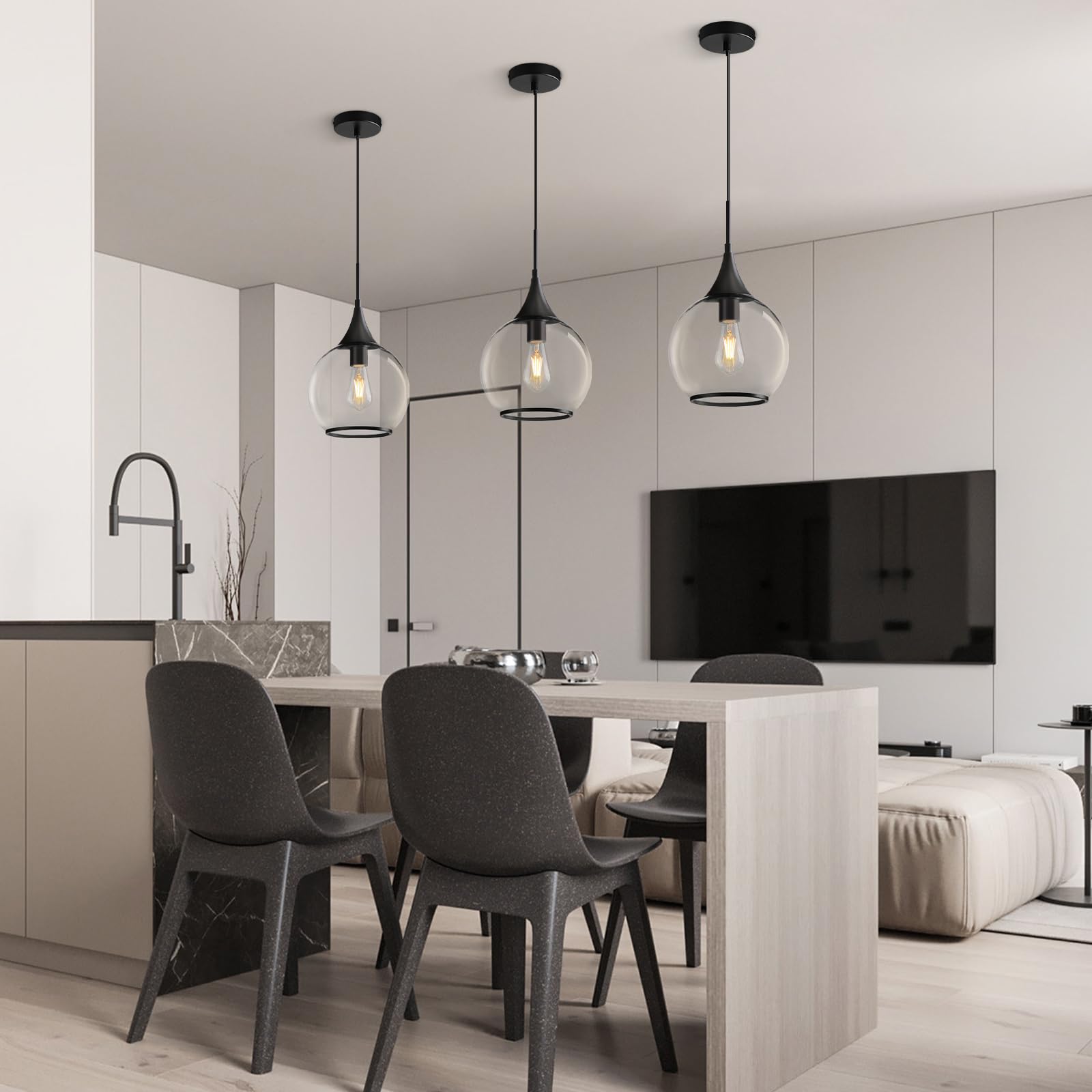 Hahzt Pendant Lights Kitchen Island: 3 Pack Black Light Fixture Modern With Clear Glass - 10 Inch Mid Century Globe Kitchen Ligh